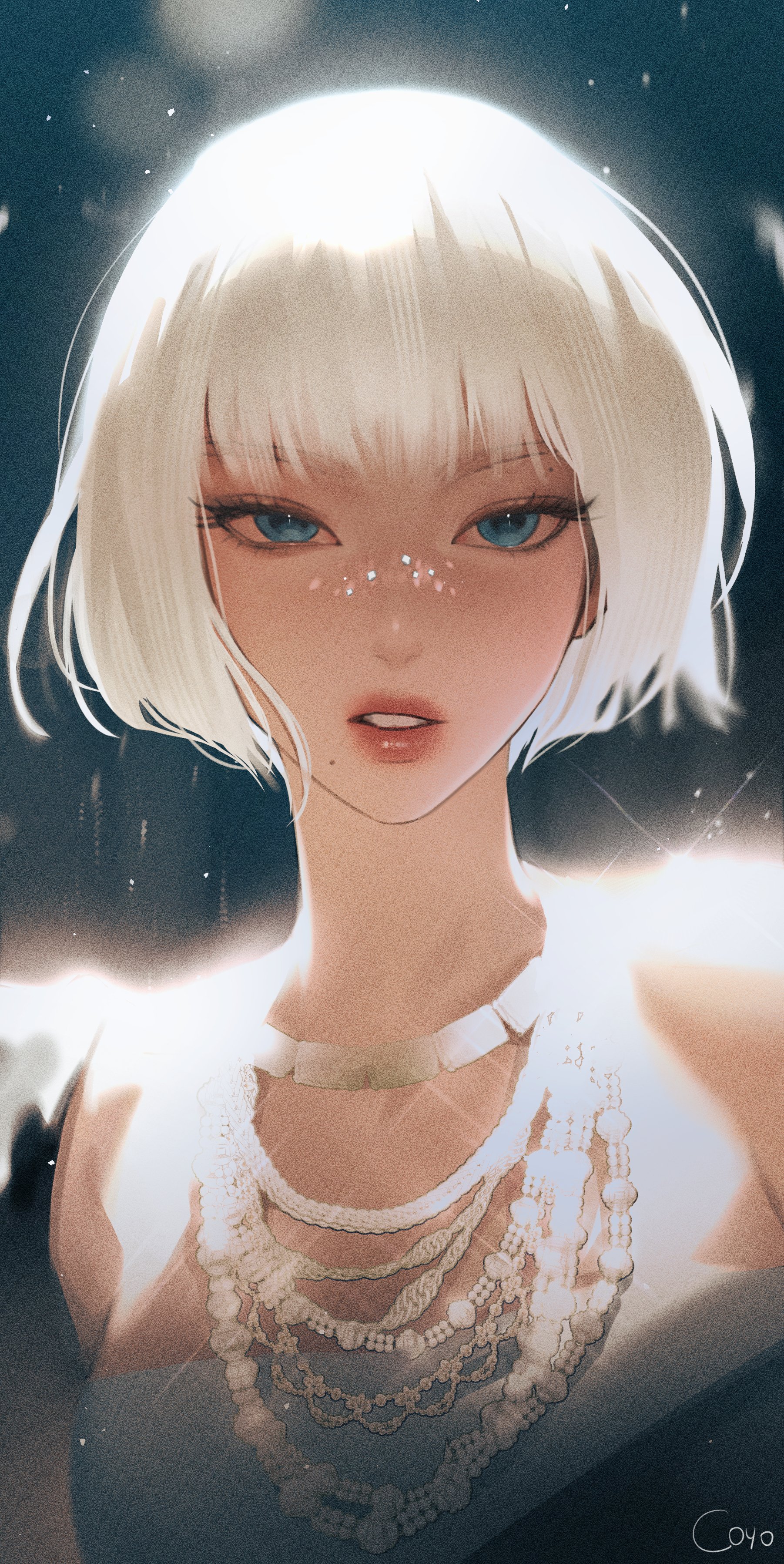coyo s2, jennie (blackpink), real life, absurdres, commentary request, highres, korean commentary, 1girl, blue eyes, blunt bangs, bob cut, eyeshadow, glitter makeup, jewelry, looking at viewer, makeup, mascara, mole, necklace, parted lips, signature, solo, upper body, white hair