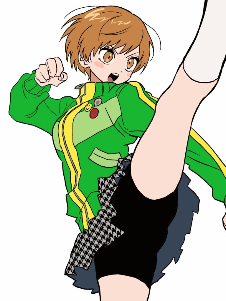 satonaka chie, persona, persona 4, commentary, symbol-only commentary, 1girl, badge, black shorts, blush, brown eyes, brown hair, button badge, clenched hand, green jacket, houndstooth, jacket, kicking, leg up, long sleeves, open mouth, pleated skirt, qnfrjswjsrmfla, school uniform, short hair, shorts, shorts under skirt, simple background, skirt, solo, teeth, upper teeth only, white background, yasogami school uniform
