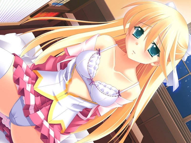himukai kyousuke, ousaka naoko, lili:miesta, game cg, non-web source, 1girl, aqua eyes, blonde hair, bra, dutch angle, female focus, green eyes, lingerie, long hair, open clothes, panties, solo, spread legs, thighhighs, underwear