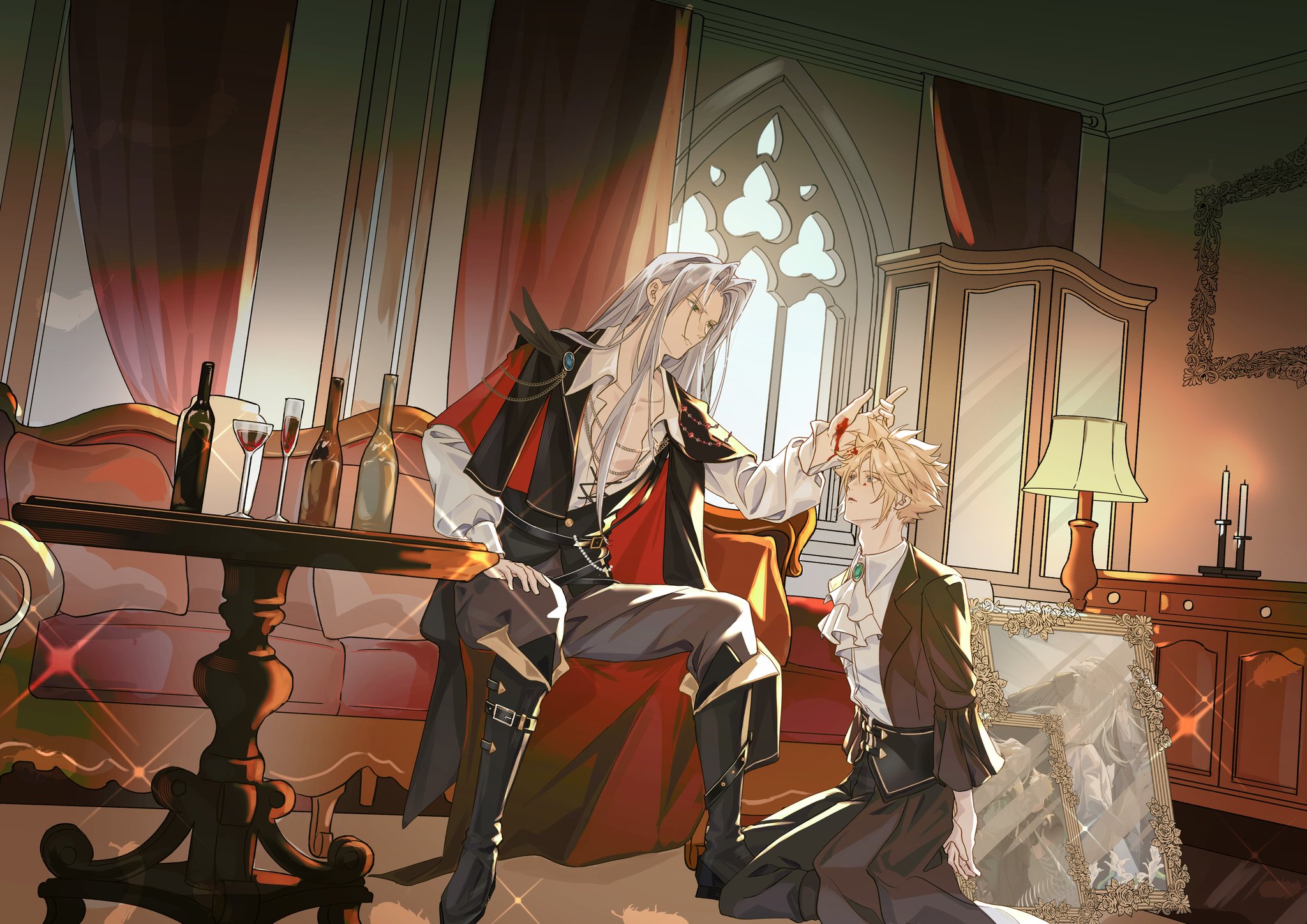 npicy, cloud strife, sephiroth, final fantasy, final fantasy vii, highres, 2boys, aqua gemstone, ascot, black boots, black coat, black pants, blonde hair, blood, blood on hands, boots, bottle, brown coat, cabinet, candle, chest jewel, coat, collared shirt, couch, cup, drinking glass, gem, grey hair, grey pants, indoors, kneeling, long coat, long hair, multiple boys, pants, parted bangs, picture frame, red coat, sharp teeth, shirt, short hair, sitting, table, teeth, two-sided coat, two-sided fabric, white ascot, white shirt, window, wine glass, yaoi