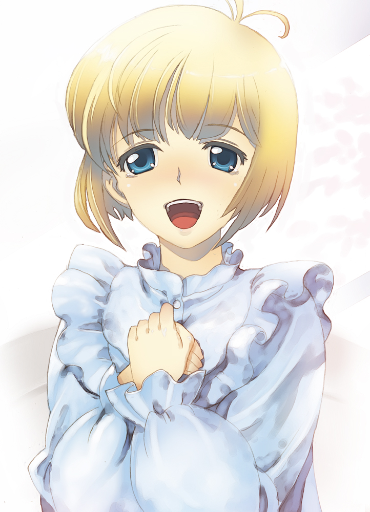 hirokiku, marielle lugran, tongari boushi no memoru, 1980s (style), bad id, bad pixiv id, antenna hair, blonde hair, blue eyes, marielle, oldschool, open mouth, retro artstyle, short hair, solo, tears