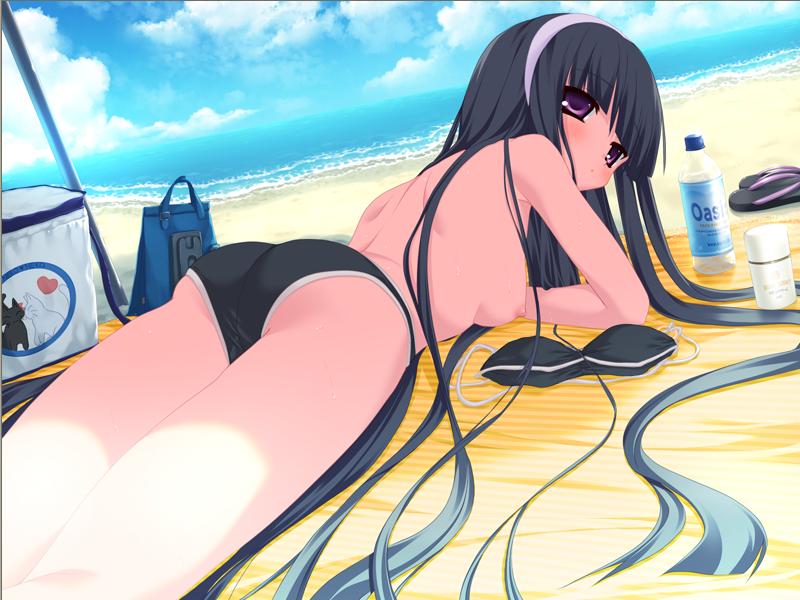 kagami sakuya, fairchild, game cg, non-web source, 1girl, ass, beach, bikini, black bikini, black hair, breasts, day, female focus, long hair, lying, medium breasts, nipples, on stomach, outdoors, purple eyes, solo, sweat, swimsuit, topfreedom, topless female
