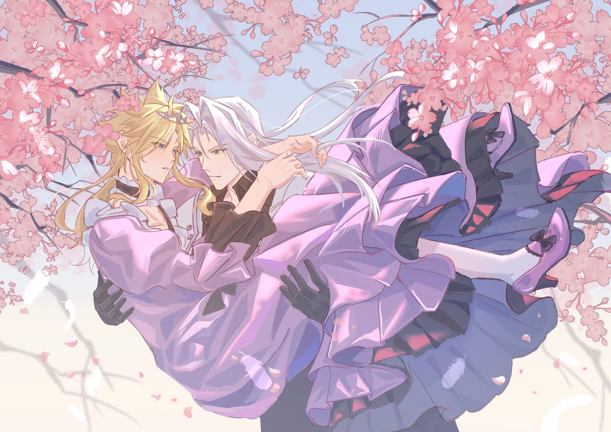 npicy, cloud strife, cloud strife (ball gown), sephiroth, final fantasy, final fantasy vii, final fantasy vii remake, highres, 2boys, aqua eyes, armor, arms around neck, black coat, black gloves, blonde hair, bow, carrying, cherry blossoms, choker, coat, crossdressing, crossdressing (mtf), dress, falling petals, flower, footwear bow, frilled sleeves, frills, gloves, grey hair, juliet sleeves, light blush, long bangs, long coat, long dress, long hair, long sleeves, looking at another, male focus, multiple boys, official alternate costume, pantyhose, parted bangs, parted lips, pauldrons, petals, pink flower, pink petals, princess carry, puffy sleeves, purple dress, purple shoes, ribbon choker, shoes, shoulder armor, slit pupils, spiked hair, tiara, white pantyhose, yaoi