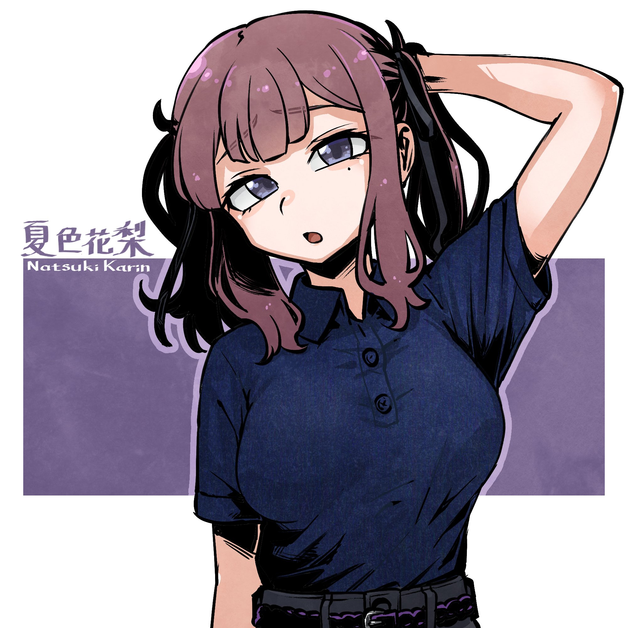 kuron (uhhr2odhrppc5nw), natsuki karin, synthesizer v, commentary request, highres, 1girl, :o, alternate costume, belt, blue skirt, breasts, brown hair, character name, collared shirt, furrowed brow, grey eyes, hair ribbon, hand in own hair, large breasts, looking at viewer, mole, mole under eye, polo shirt, ribbon, shirt, shirt tucked in, short sleeves, skirt, solo, twintails, white background