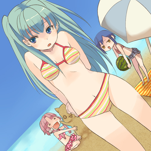 emdo (norabbit), aika granzchesta, alice carroll, mizunashi akari, aria (manga), lowres, 00s, 3girls, = =, aqua hair, beach, bikini, blue eyes, blue hair, crossover, day, dutch angle, food, fruit, multiple girls, open mouth, outdoors, pink hair, polka dot, polka dot bikini, polka dot swimsuit, sand, short shorts, shorts, striped bikini, striped clothes, swimsuit, watermelon