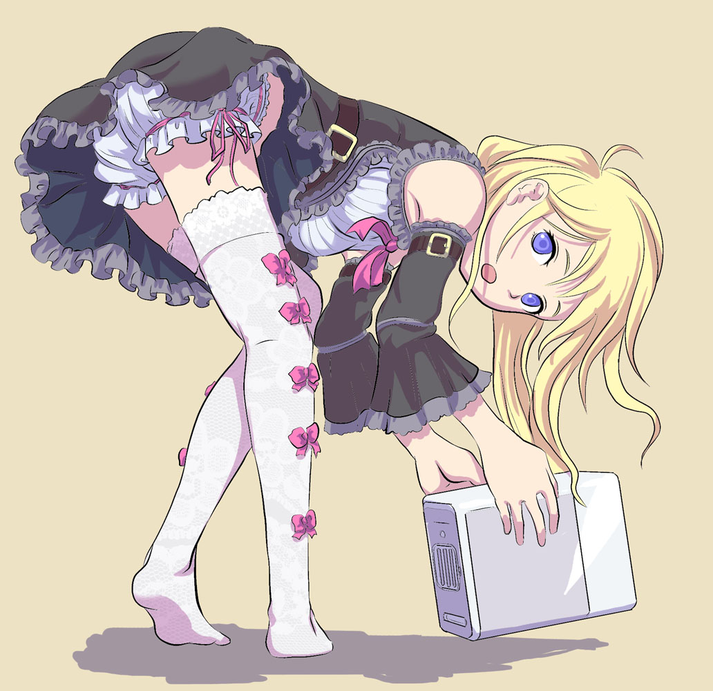 aoze, original, bent over, blonde hair, bloomers, blue eyes, bow, detached sleeves, dress, gothic lolita, lolita fashion, long hair, solo, thighhighs, underwear, upskirt, white bloomers, white thighhighs, zettai ryouiki