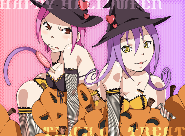 hishiki, blair (soul eater), mizune (soul eater), soul eater, bad id, bad pixiv id, 00s, 2girls, :p, angry, bare shoulders, between breasts, bikini, bikini top only, blush, breast press, breasts, brown eyes, candy, cleavage, corset, elbow gloves, fishnets, food, gloves, halloween, happy halloween, hat, heart, jack-o'-lantern, large breasts, lollipop, long hair, multiple girls, pink hair, pumpkin, purple hair, short hair, smile, swimsuit, swirl lollipop, tail, thighhighs, tongue, tongue out, trick or treat, witch, witch hat, yellow eyes