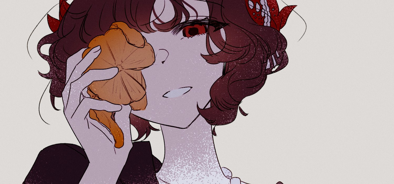schneider (reverse:1999), reverse:1999, 1girl, 8ru, black coat, black hair, coat, feather hair ornament, feathers, food, fruit, grey background, grin, hair ornament, hand up, holding, holding food, holding fruit, looking at viewer, one eye covered, orange (fruit), orange peel, orange slice, portrait, red eyes, red feathers, short hair, smile, solo, teeth