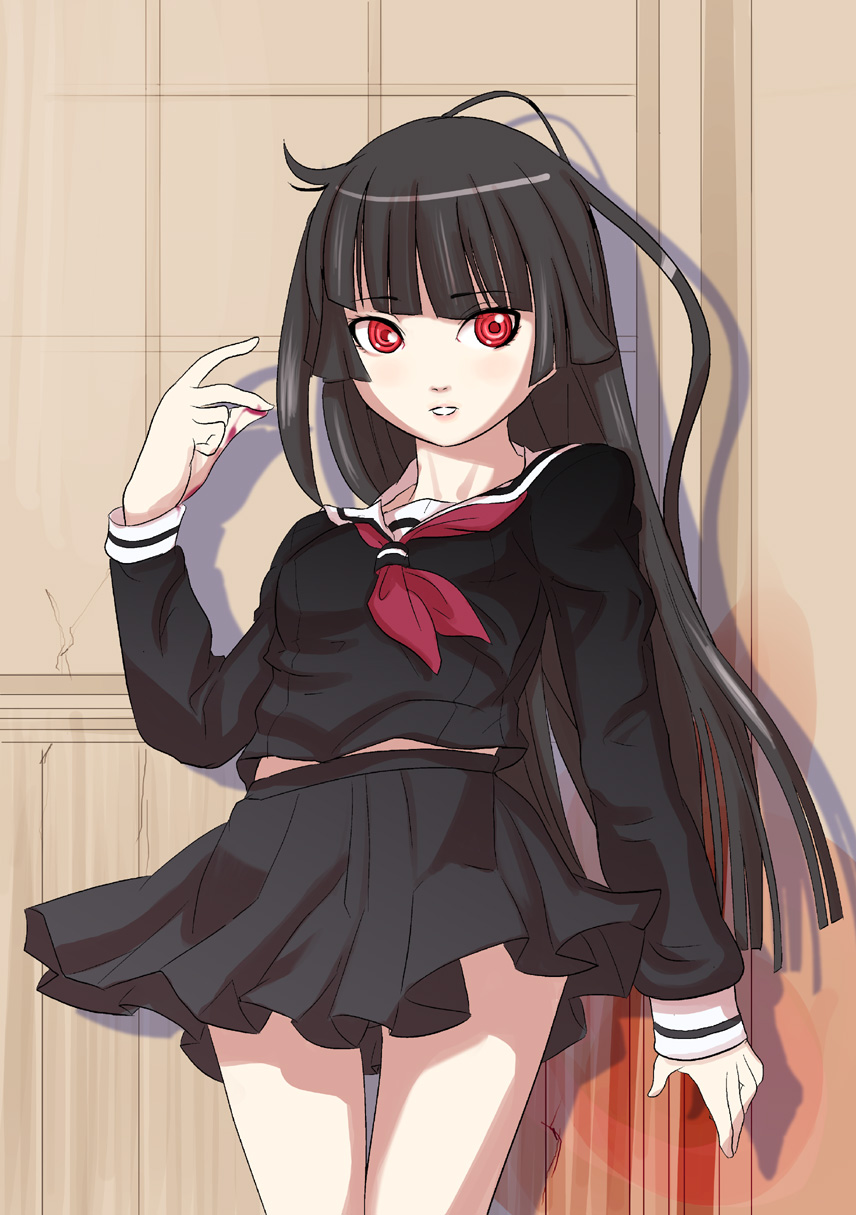 aoze, enma ai, jigoku shoujo, highres, 00s, 1girl, black hair, black serafuku, blood, blunt bangs, female focus, hime cut, red eyes, school uniform, serafuku, solo