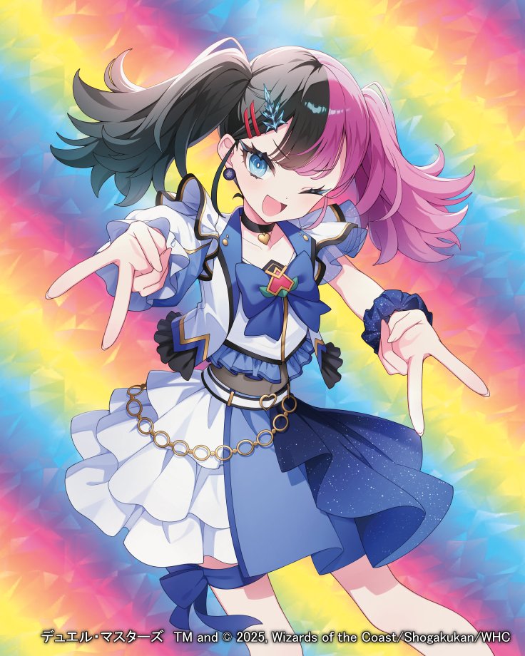 chatsubaki, duel masters, official art, 1girl, 2025, black hair, blue bow, blue eyes, blue ribbon, blue shirt, blue skirt, bow, copyright notice, covered navel, double v, earrings, hair ornament, hairclip, idol clothes, jewelry, layered skirt, leg ribbon, momoiro mimi, multicolored hair, multicolored shirt, multicolored skirt, one eye closed, open mouth, pink hair, rainbow background, ribbon, scrunchie, shirt, skirt, solo, twintails, v, white shirt, wrist scrunchie