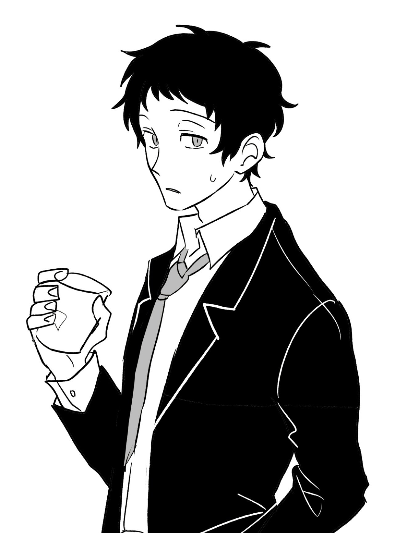 adachi tooru, persona, persona 4, commentary request, highres, korean commentary, 1boy, collared shirt, cup, formal clothes, greyscale, holding, holding cup, jacket, looking to the side, male focus, monochrome, necktie, qnfrjswjsrmfla, shirt, short hair, simple background, solo, suit, suit jacket, upper body, white background