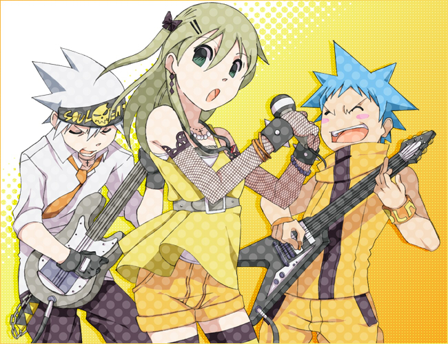 hishiki, black star, maka albarn, soul evans, soul eater, bad id, bad pixiv id, 00s, 1girl, 2boys, bass guitar, blonde hair, blue hair, closed eyes, elbow gloves, gloves, green eyes, guitar, instrument, long hair, microphone, multiple boys, music, short hair, singing, thighhighs, white hair
