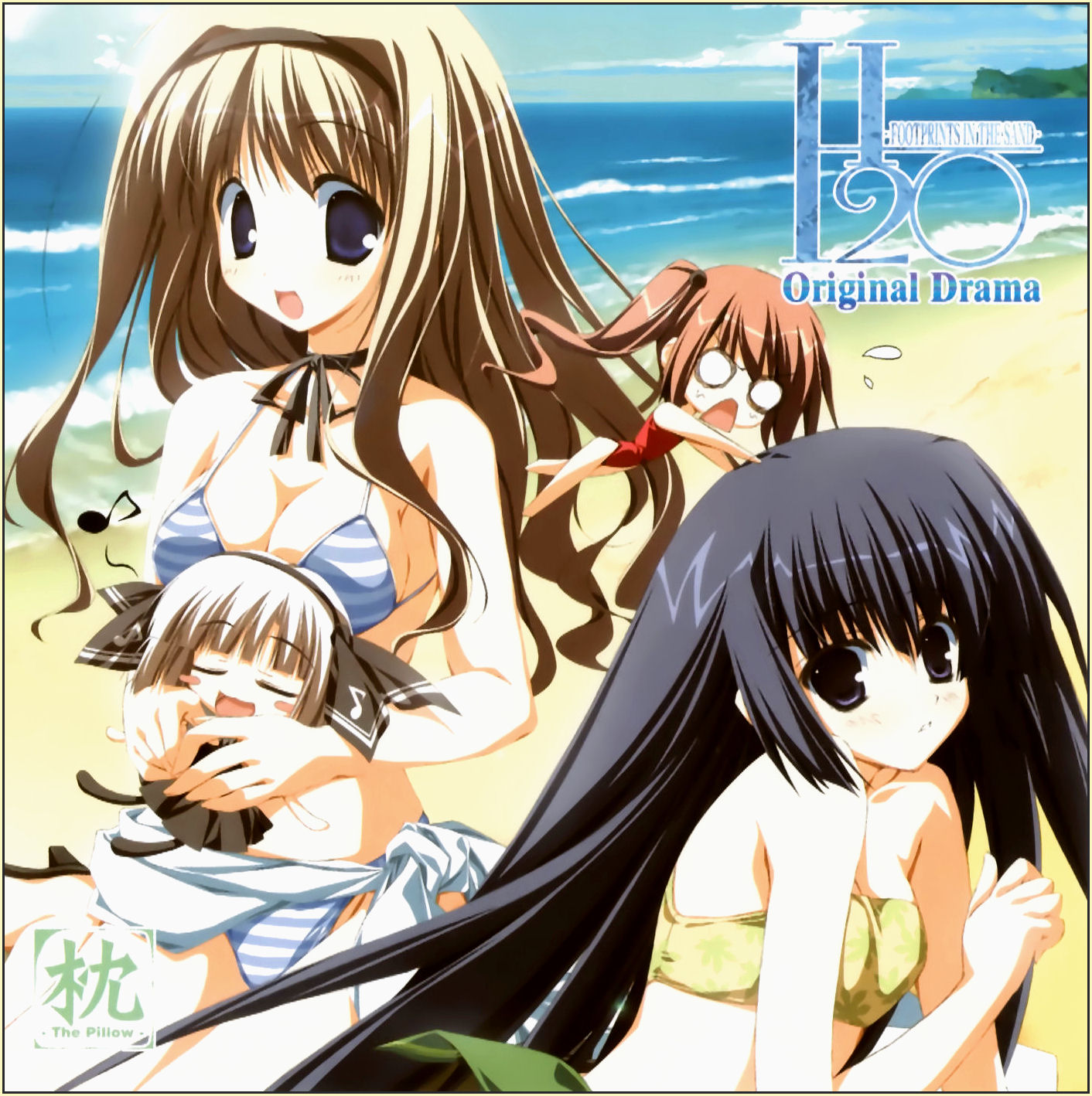 kagura hinata, kohinata hayami, otoha (h2o), tabata yui, h2o footprints in the sand, highres, 00s, 4girls, :<, beach, bikini, blonde hair, blue eyes, chibi, closed eyes, day, multiple girls, o o, outdoors, swimsuit