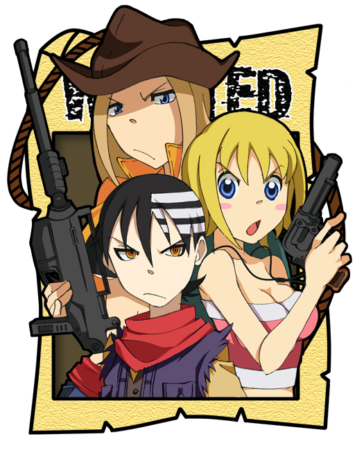 hishiki, death the kid, elizabeth thompson, patricia thompson, soul eater, bad id, bad pixiv id, 00s, 1boy, 2girls, black hair, blonde hair, blue eyes, gun, long hair, multiple girls, orange eyes, short hair, siblings, sisters, wanted poster, weapon