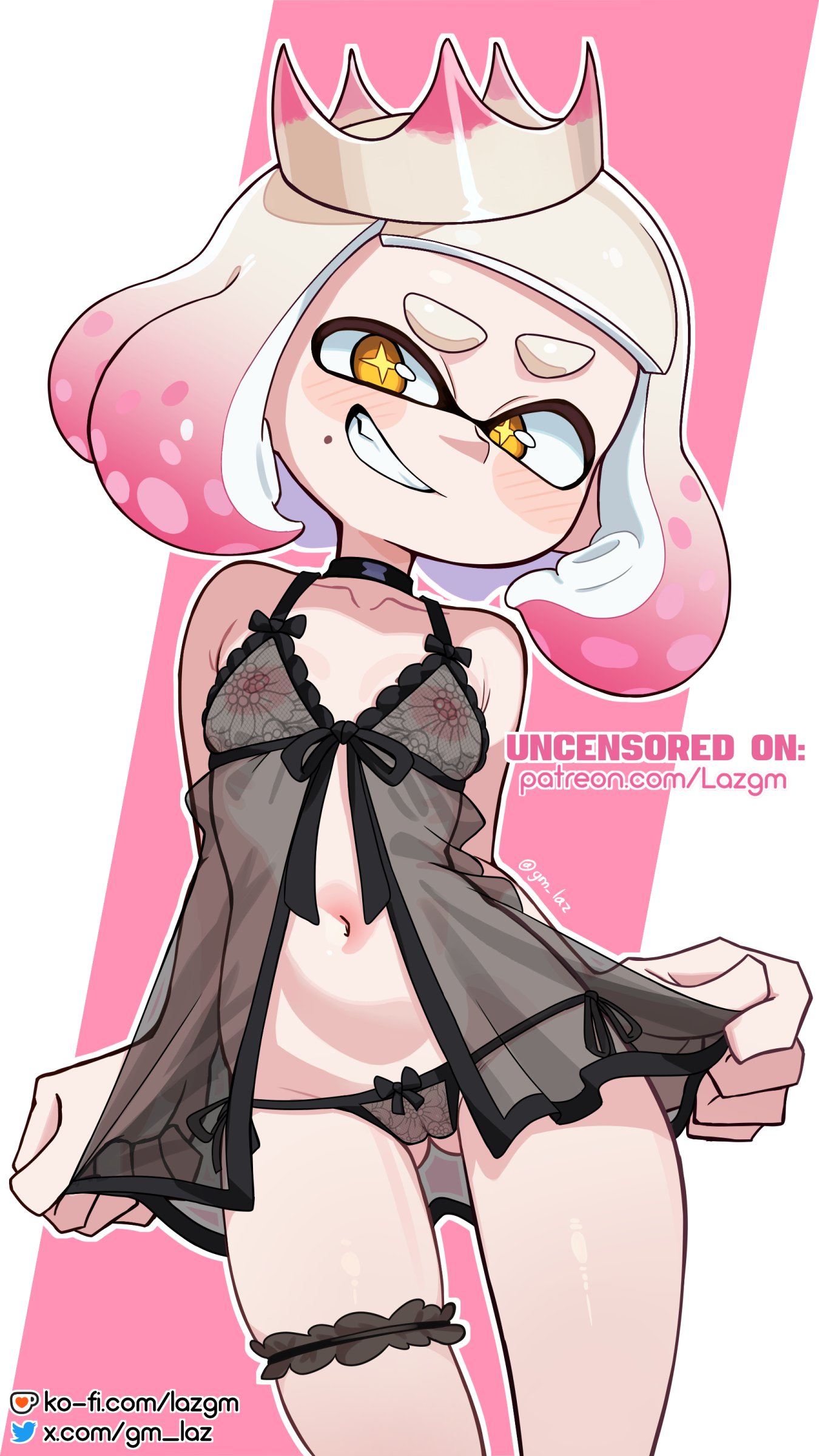 laz gm, pearl (splatoon), nintendo, splatoon (series), splatoon 2, 1girl, babydoll, blush, breasts, collarbone, crown, front slit, lingerie, mole, mole under mouth, navel, see-through clothes, short hair, small breasts, smile, solo, thick eyebrows, thigh strap, underwear, yellow eyes