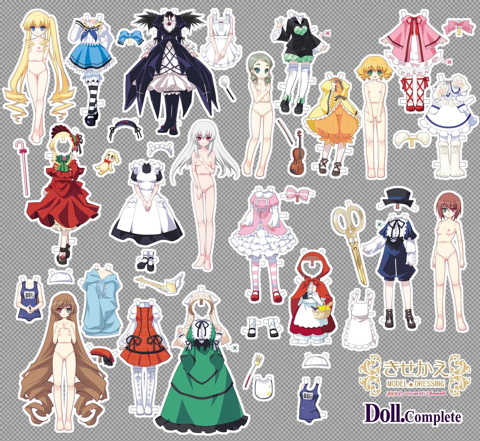 room603, hinaichigo, kanaria, shinku, souseiseki, suigintou, suiseiseki, rozen maiden, silver hair, highres, 00s, 6+girls, absurdly long hair, barefoot, blonde hair, blue eyes, bow, breasts, brown hair, doll joints, dress, drill hair, green eyes, green hair, heterochromia, joints, long hair, medium breasts, multiple girls, nipples, nude, one-piece swimsuit, pantyhose, paper cutout, paper doll, papercraft, pink bow, purple eyes, school swimsuit, small breasts, swimsuit, text focus, thighhighs, very long hair