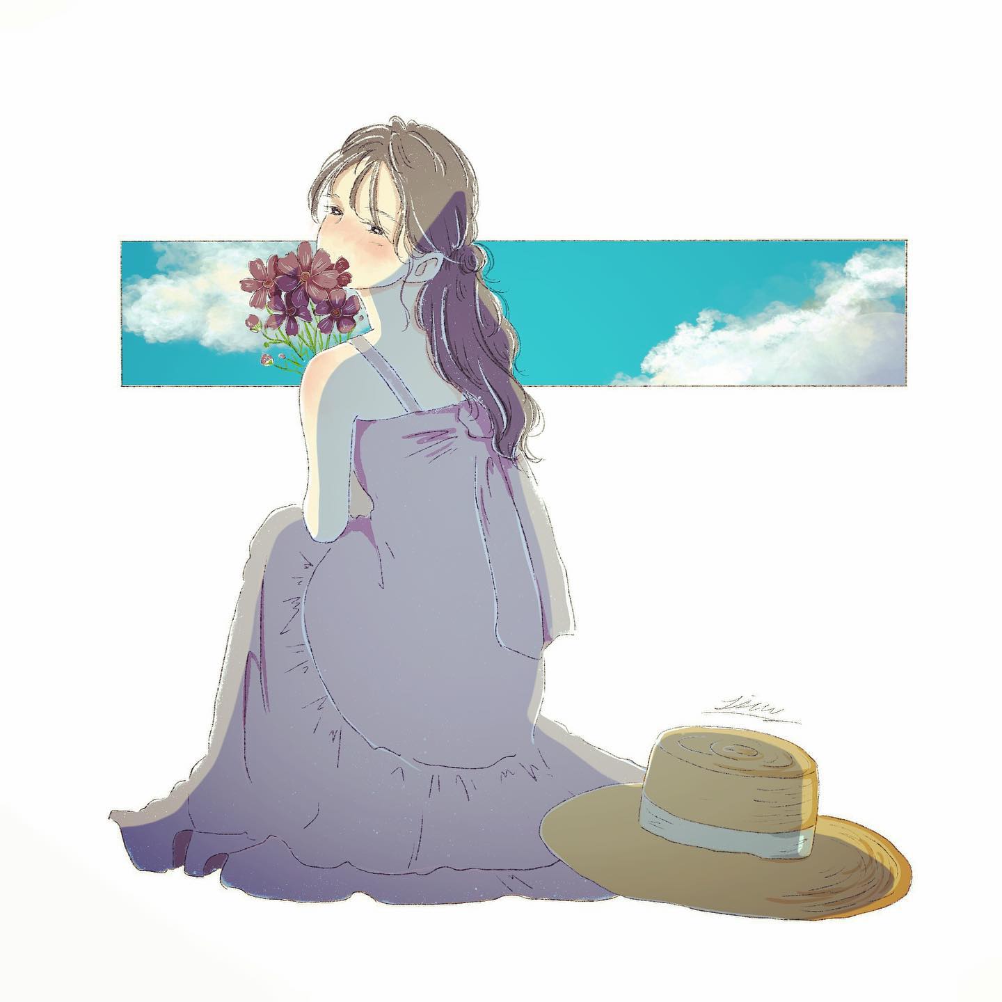 lisa (illustsan430), original, commentary request, highres, 1girl, artist name, bare shoulders, black eyes, blush, bright pupils, brown hair, brown hat, cosmos (flower), covering own mouth, dress, flower, from behind, full body, hat, long dress, long hair, looking at viewer, looking back, low ponytail, nose blush, ponytail, purple dress, red flower, signature, sitting, sleeveless, sleeveless dress, solo, sun hat, turning head, unworn hat, unworn headwear, white background, white pupils