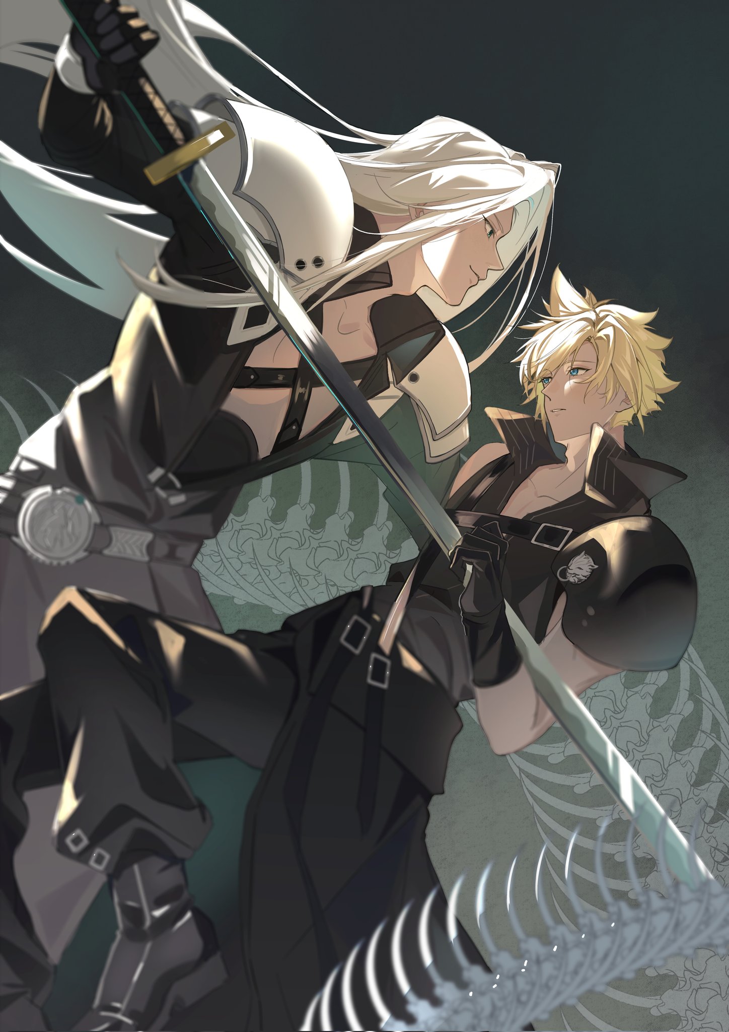 npicy, cloud strife, fenrir (final fantasy), sephiroth, final fantasy, final fantasy vii, final fantasy vii advent children, final fantasy vii remake, highres, 2boys, aqua eyes, armor, bangle, belt, belt buckle, black belt, black boots, black cape, black coat, black gloves, black pants, black vest, blonde hair, boots, bracelet, buckle, cape, chest strap, closed mouth, coat, gloves, holding, holding sword, holding weapon, jewelry, light smile, long coat, long hair, looking at viewer, male focus, masamune (ff7), multiple boys, pants, parted bangs, parted lips, pauldrons, popped collar, sharp teeth, short hair, shoulder armor, single bare shoulder, single pauldron, skeleton snake, spinal cord, stab, sword, teeth, vest, waist cape, weapon, white hair