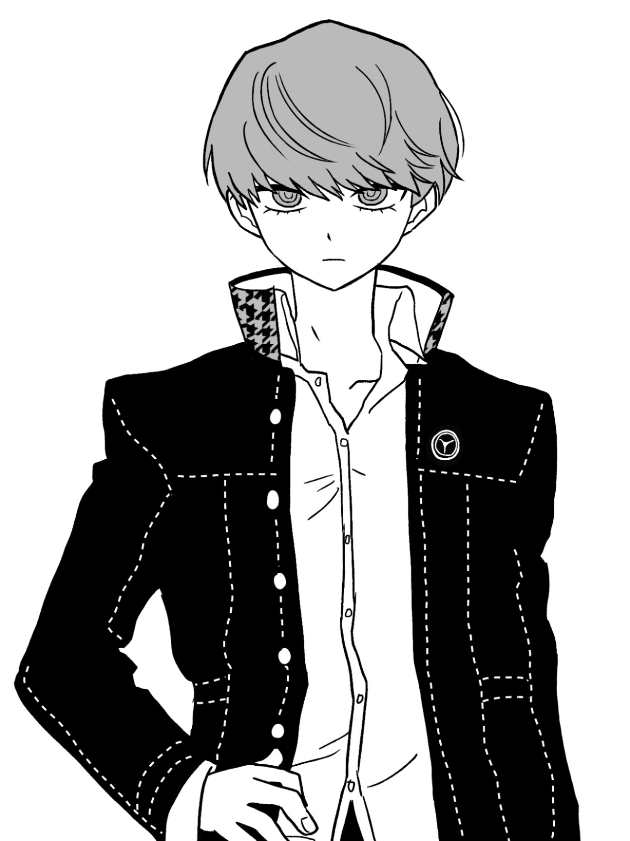 narukami yu, persona, persona 4, commentary request, highres, korean commentary, 1boy, closed mouth, collared shirt, greyscale, hand on own hip, houndstooth, jacket, long sleeves, looking at viewer, male focus, monochrome, open clothes, open jacket, qnfrjswjsrmfla, school uniform, shirt, short hair, simple background, solo, upper body, white background, yasogami school uniform