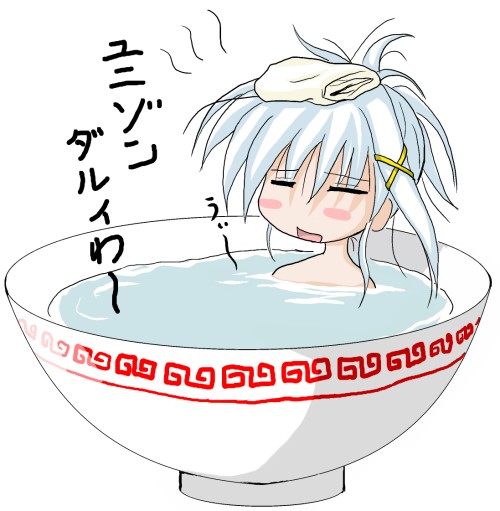 daiki, reinforce zwei, lyrical nanoha, mahou shoujo lyrical nanoha, mahou shoujo lyrical nanoha strikers, translated, 00s, 1girl, bath, blue hair, bowl, female focus, hair ornament, mini person, minigirl, solo, towel, water, x hair ornament