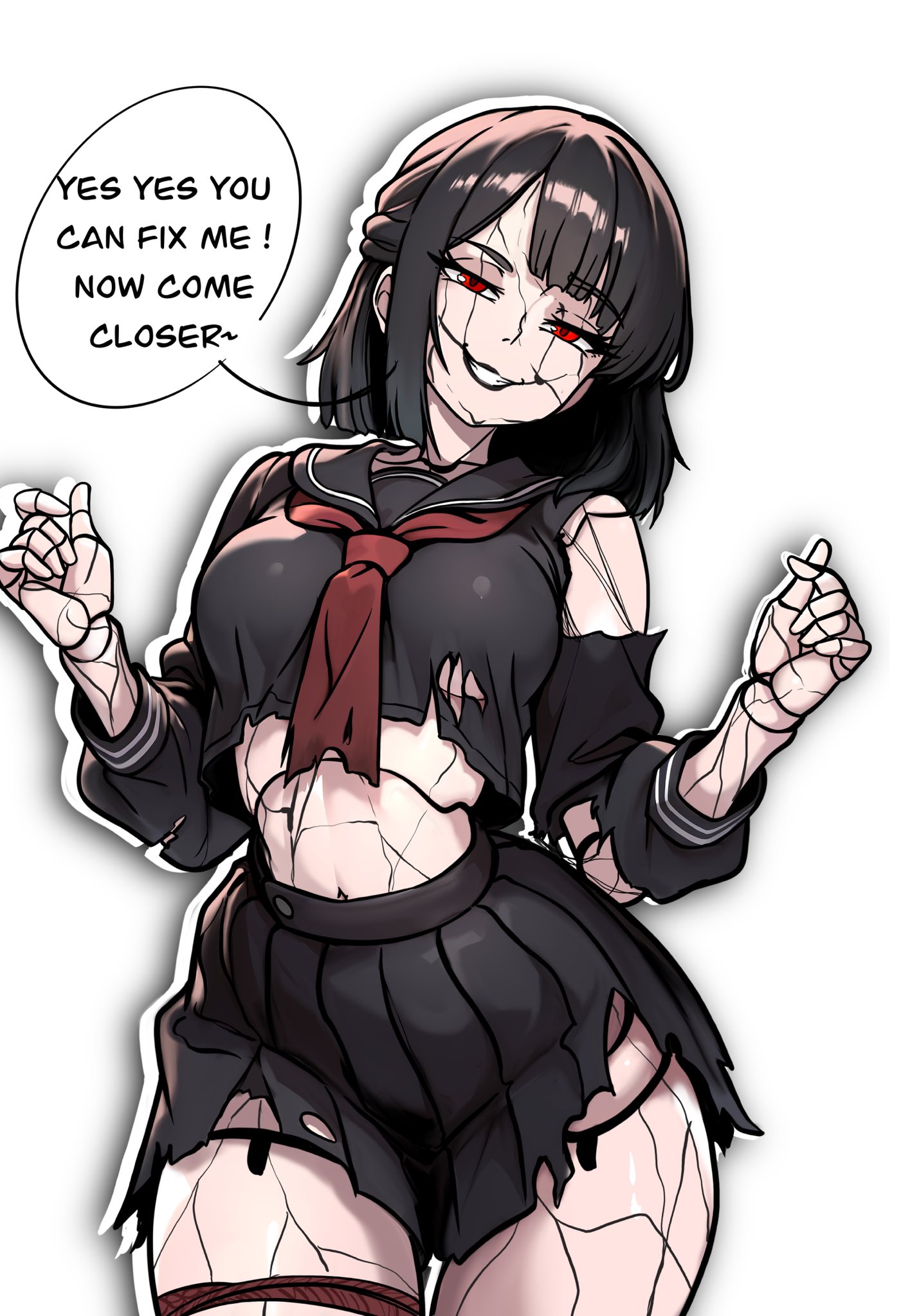redpostit, ayakakashi, silent hill (series), silent hill f, commentary, english commentary, highres, 1girl, back hair, black serafuku, black shirt, black skirt, breasts, cracked skin, cropped shirt, doll joints, english text, grin, half-closed eyes, hands up, joints, large breasts, long sleeves, looking at viewer, medium hair, midriff, navel, neckerchief, pleated skirt, raised eyebrow, red eyes, red neckerchief, school uniform, serafuku, shirt, simple background, skirt, smile, solo, speech bubble, thigh strap, thighs, torn clothes, torn shirt, torn skirt, underboob, white background