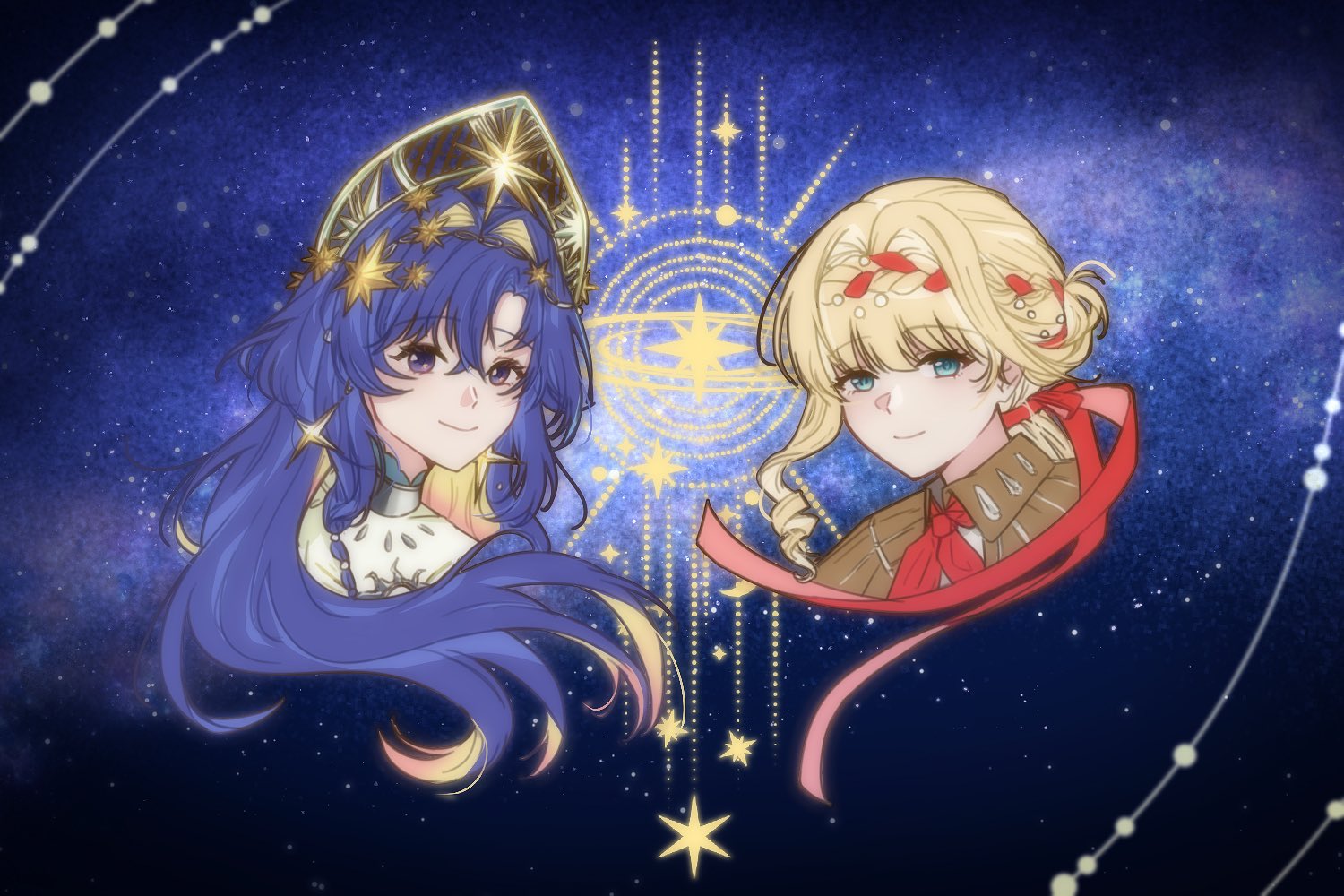 voyager (choir of the stars) (reverse:1999), voyager (reverse:1999), reverse:1999, 2girls, blonde hair, blue background, blue eyes, blue hair, braid, braided bangs, closed mouth, colored inner hair, cropped head, floating hair, hair intakes, hair ornament, hair ribbon, kiperina, kokoshnik, long hair, multicolored hair, multiple girls, neckerchief, official alternate costume, pai1999ag, portrait, red neckerchief, red ribbon, ribbon, smile, sparkle, star (sky), star (symbol), star hair ornament, starry sky background