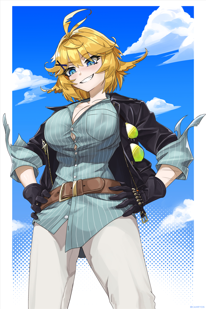 cahryos, dokibird, indie virtual youtuber, commission, 1girl, ahoge, belt, black gloves, black jacket, blonde hair, blue eyes, breasts, brown belt, button gap, cleavage, cloud, feather hair, gloves, grin, hands on own hips, jacket, pants, shirt, smile, striped clothes, striped shirt, unworn eyewear, virtual youtuber, white pants