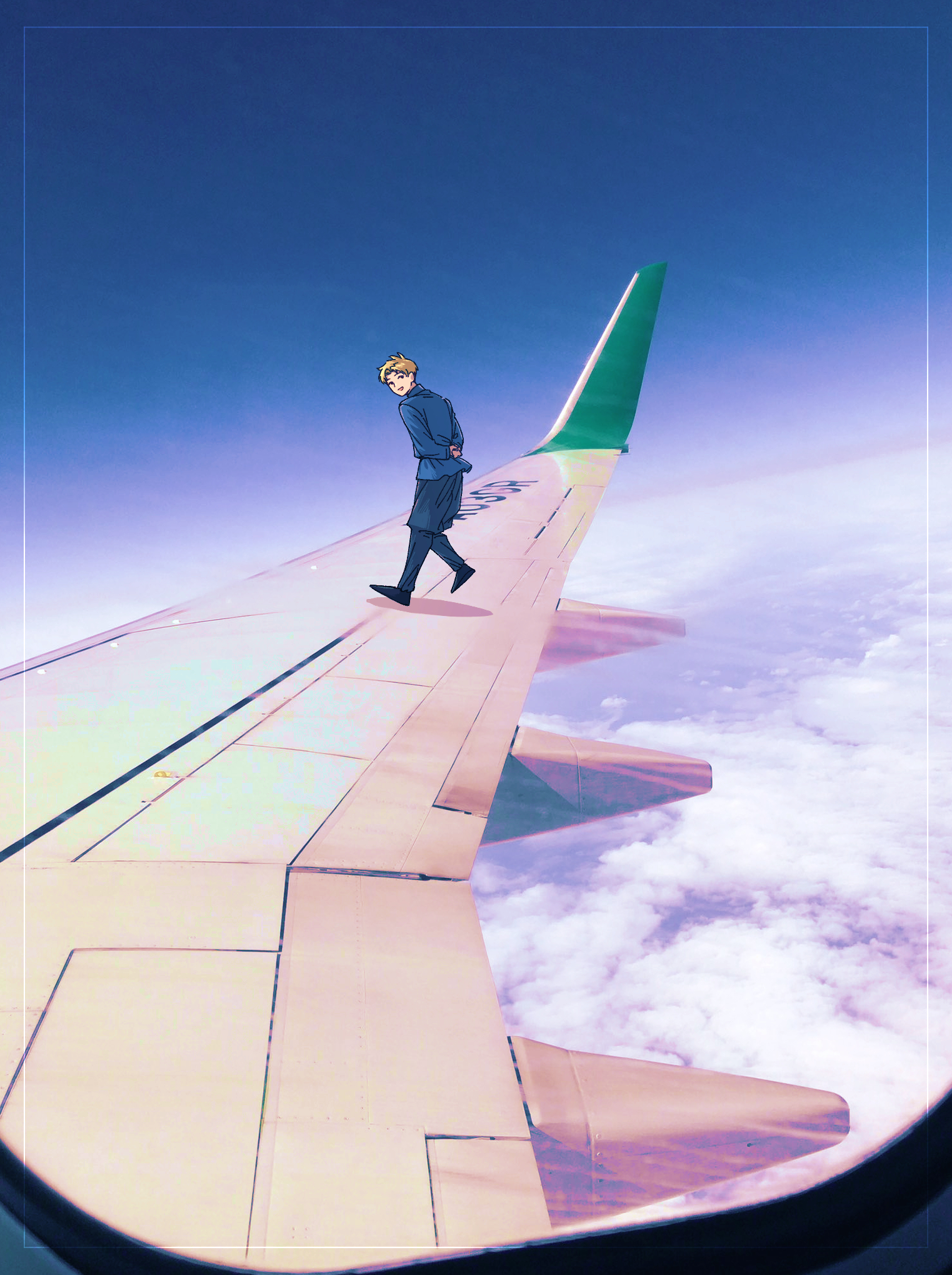 rafal (chi.), chi.: chikyuu no undou ni tsuite, highres, 1boy, aircraft, airplane, airplane wing, arms behind back, black pants, black shoes, blonde hair, blue jacket, cloud, cloudy sky, flying, jacket, looking outside, male focus, open mouth, pants, parted bangs, shoes, short hair, sky, smile, solo, sukidesuu, window