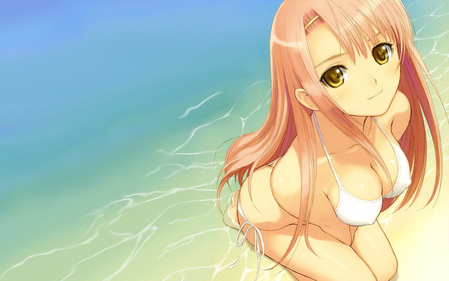 tony taka, katsura hinagiku, hayate no gotoku!, 00s, beach, bikini, breasts, cleavage, covered erect nipples, long hair, swimsuit, water, yellow eyes