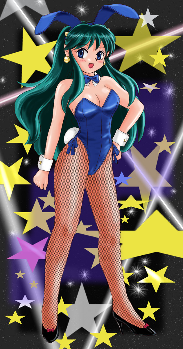 marison (aono107), ultramarine, lum, urusei yatsura, highres, md5 mismatch, 1girl, animal ears, blue eyes, cone horns, fake animal ears, female focus, fishnet pantyhose, fishnets, green hair, horns, long hair, pantyhose, playboy bunny, pointy ears, rabbit ears, solo, yellow horns