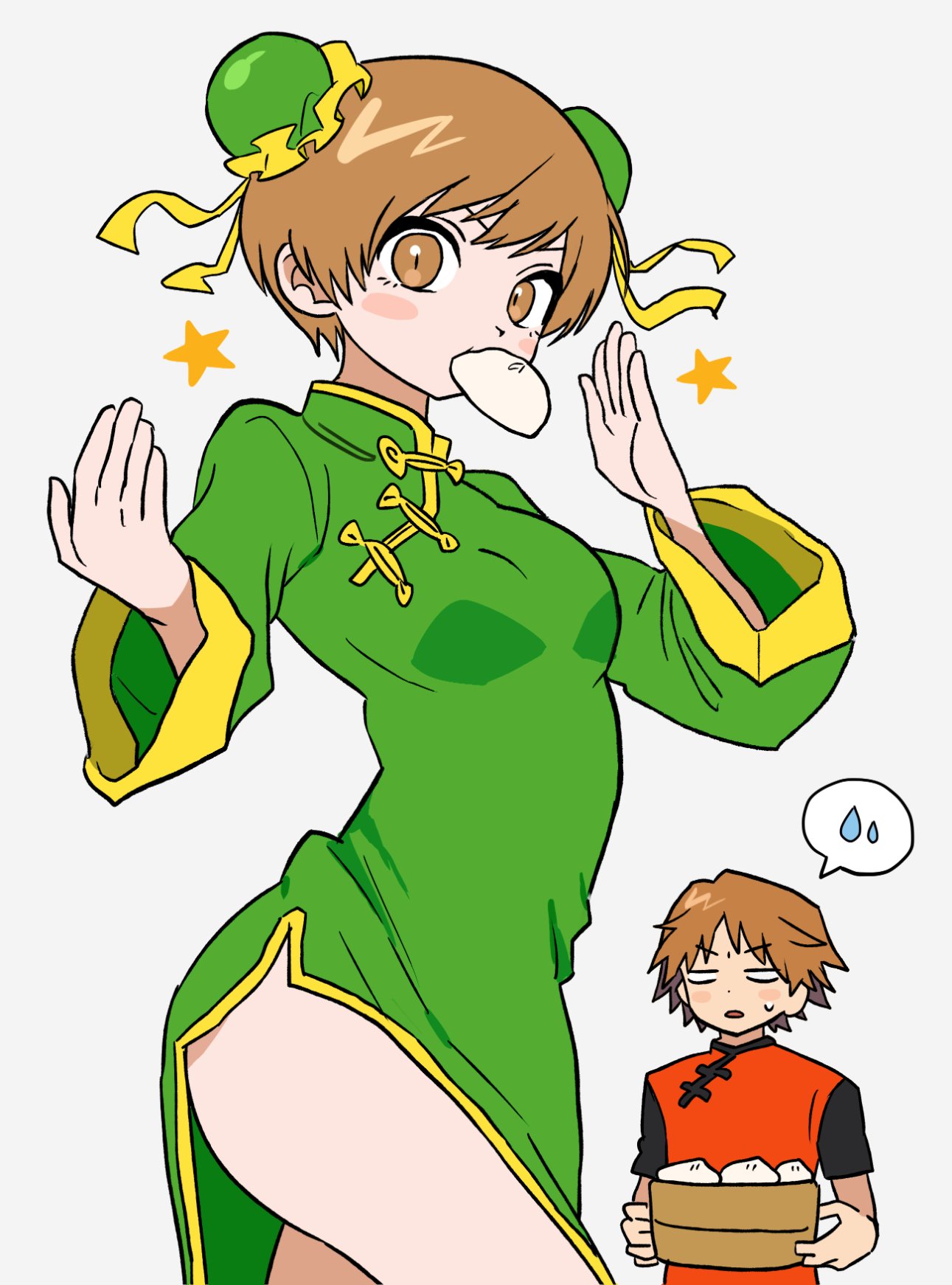 hanamura yousuke, satonaka chie, persona, persona 4, commentary, highres, symbol-only commentary, 1boy, 1girl, alternate costume, bamboo steamer, blank eyes, breasts, brown eyes, brown hair, bun cover, china dress, chinese clothes, cowboy shot, double bun, dress, food, food in mouth, green dress, hair bun, hands up, holding, holding bamboo steamer, holding food, long sleeves, looking at another, looking at viewer, mouth hold, open mouth, orange shirt, qnfrjswjsrmfla, shirt, short hair, short sleeves, simple background, spoken sweatdrop, standing, star (symbol), steamed bun, sweatdrop, white background