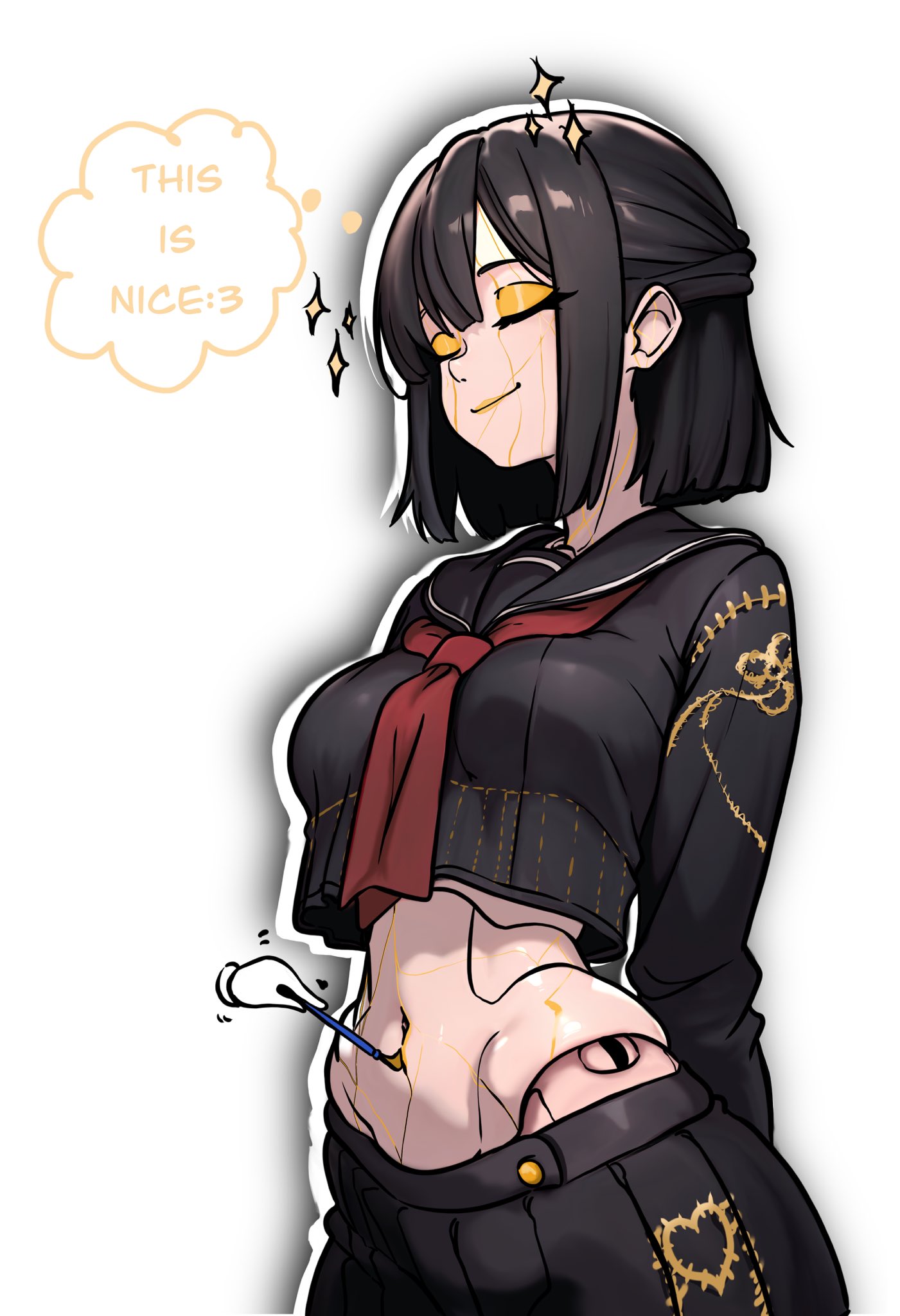 redpostit, ayakakashi, silent hill (series), silent hill f, commentary, english commentary, highres, 1girl, black hair, black sailor collar, black serafuku, black shirt, breasts, closed eyes, cracked skin, cropped shirt, disembodied hand, doll joints, embroidery, gold eyeshadow, gold lips, groin, joints, kintsugi, large breasts, long sleeves, medium hair, midriff, navel, neckerchief, paintbrush, red neckerchief, sailor collar, school uniform, serafuku, shirt, simple background, smile, solo, sparkle, speech bubble, standing, thighs, thought bubble, white background