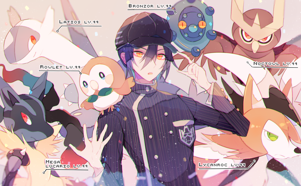 sakura (fein5862817), bronzor, latios, lucario, lycanroc, mega lucario, noctowl, rowlet, saihara shuichi, danganronpa (series), danganronpa v3: killing harmony, nintendo, pokemon, commentary request, 1boy, baseball cap, black hair, black jacket, breast pocket, buttons, character name, collared jacket, confetti, creature, creature on shoulder, crest, crossover, double-breasted, expressionless, eyelashes, gen 2 pokemon, gen 3 pokemon, gen 4 pokemon, gen 7 pokemon, grey background, hair between eyes, hat, high collar, jacket, layered sleeves, legendary pokemon, light particles, long hair between eyes, long sleeves, looking at viewer, male focus, mega pokemon, on shoulder, open mouth, pinstripe jacket, pinstripe pattern, pocket, pointy nose, pokemon (creature), power level, short hair, simple background, undershirt, upper body, yellow eyes