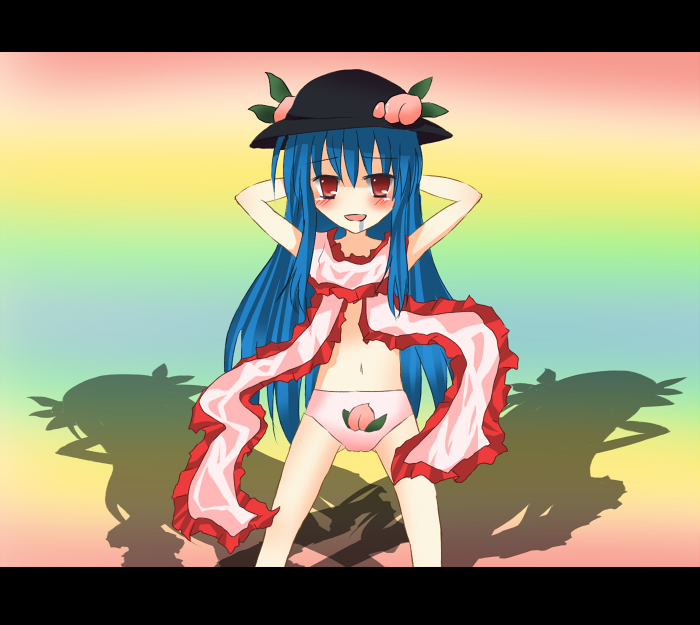 hane riu, hinanawi tenshi, touhou, bad id, bad pixiv id, 1girl, blue hair, blush, female focus, flat chest, food, fruit, hat, letterboxed, long hair, navel, nude, panties, peach, print panties, rainbow background, red eyes, saliva, shadow, solo, topless female, underwear