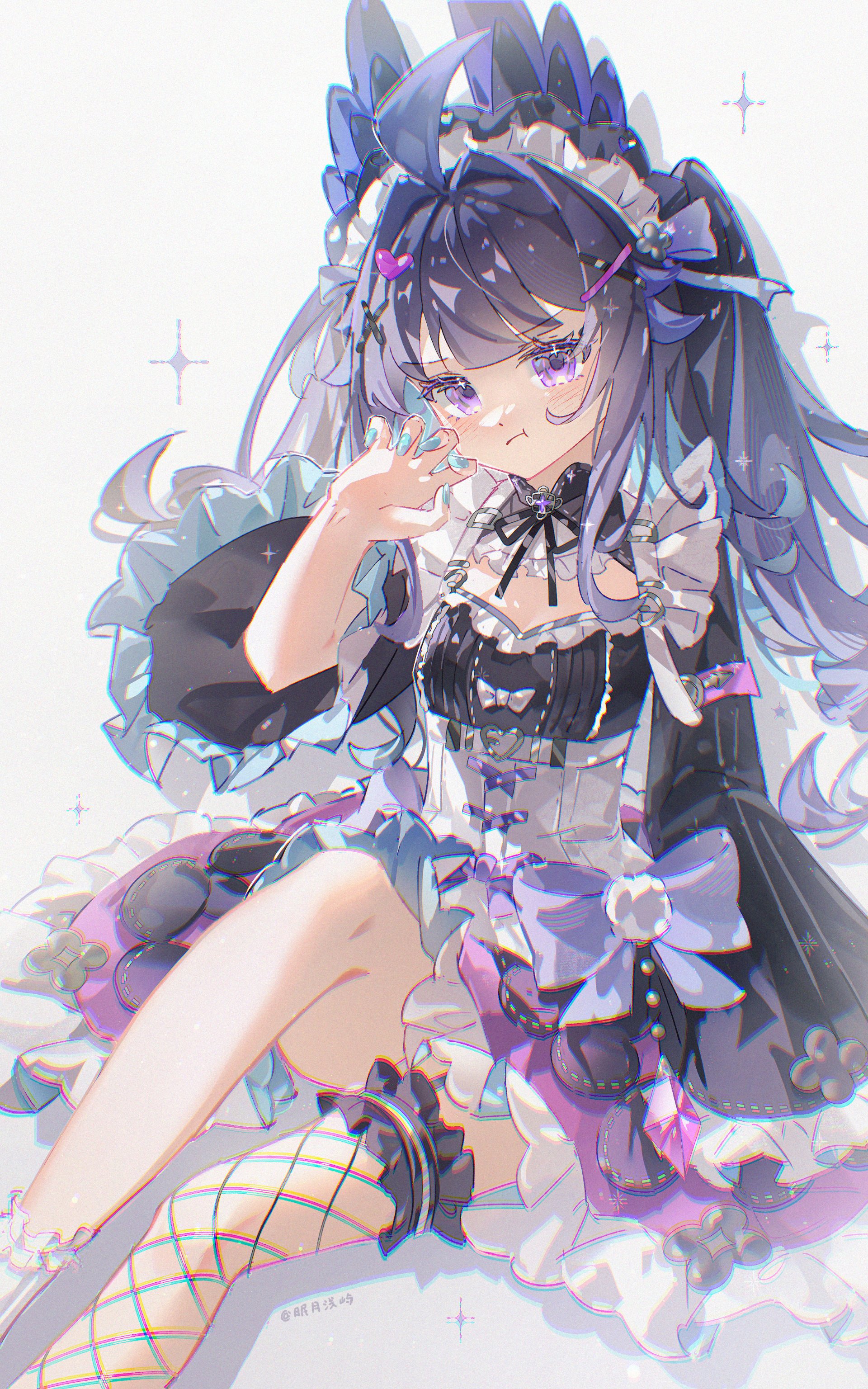 dzrzpuna2tcxcu3, enna alouette, nijisanji, nijisanji en, absurdres, highres, 1girl, :t, ahoge, aqua nails, artist name, blunt bangs, blush, breasts, chromatic aberration, claw pose, cleavage, cleavage cutout, clothing cutout, dress, enna alouette (decora), fishnet thighhighs, fishnets, frilled dress, frills, garter straps, hair intakes, hair ornament, head wings, heart, heart hair ornament, legs, long hair, looking at viewer, maid, maid headdress, purple eyes, purple hair, single thighhigh, sitting, small breasts, solo, sparkle, thighhighs, two side up, virtual youtuber, white background, wings