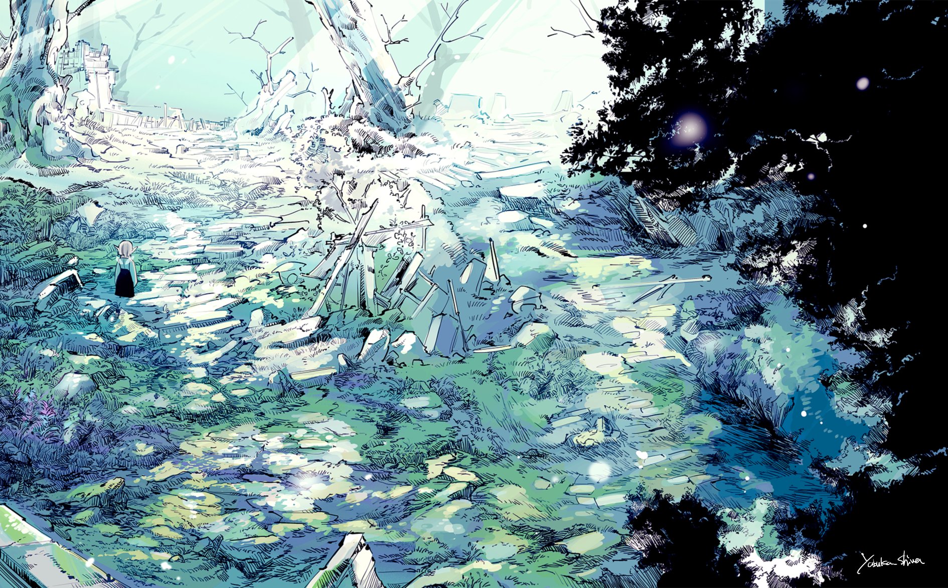 yabuka shiwa, final fantasy, final fantasy xiv, highres, 1other, bare tree, cobblestone, forest, nature, outdoors, rubble, ruins, scenery, signature, solo, tree