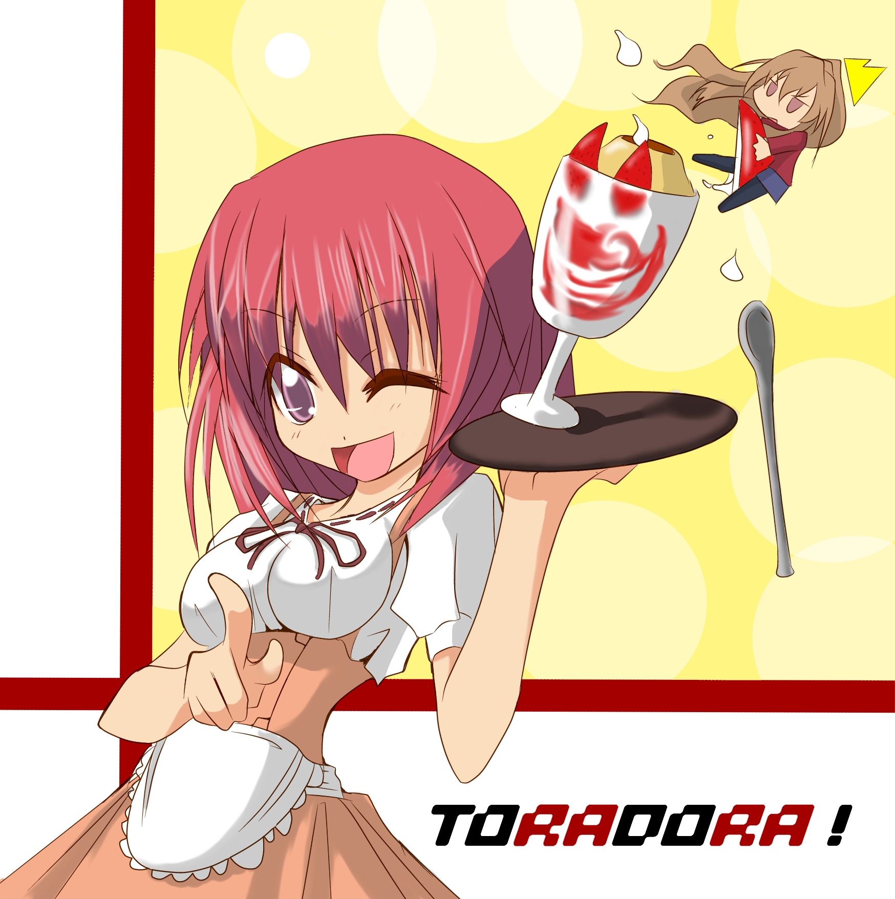 naz (garyuuya), aisaka taiga, kushieda minori, toradora!, bad id, bad pixiv id, highres, 00s, apron, chibi, maid, maid apron, one eye closed, pointing, smile, waitress, wink
