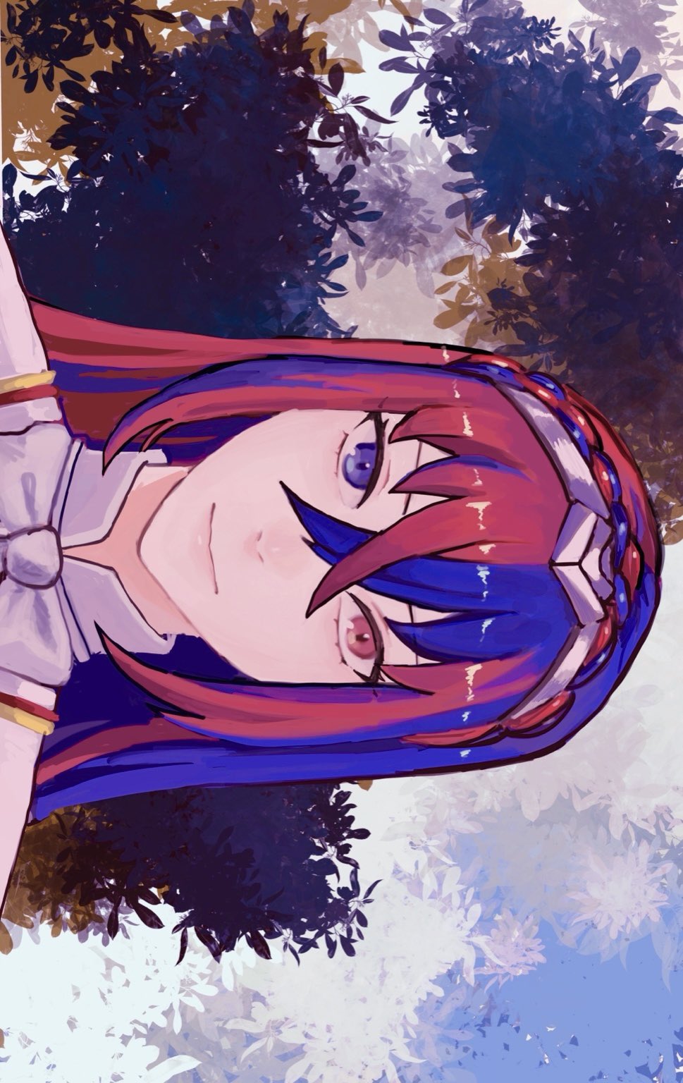 ponzuponta39, female alear (fire emblem), fire emblem, fire emblem engage, nintendo, highres, 1girl, blue eyes, blue hair, crossed bangs, hair between eyes, heterochromia, long hair, looking at viewer, multicolored hair, red eyes, red hair, solo, split-color hair, tiara, two-tone hair, very long hair