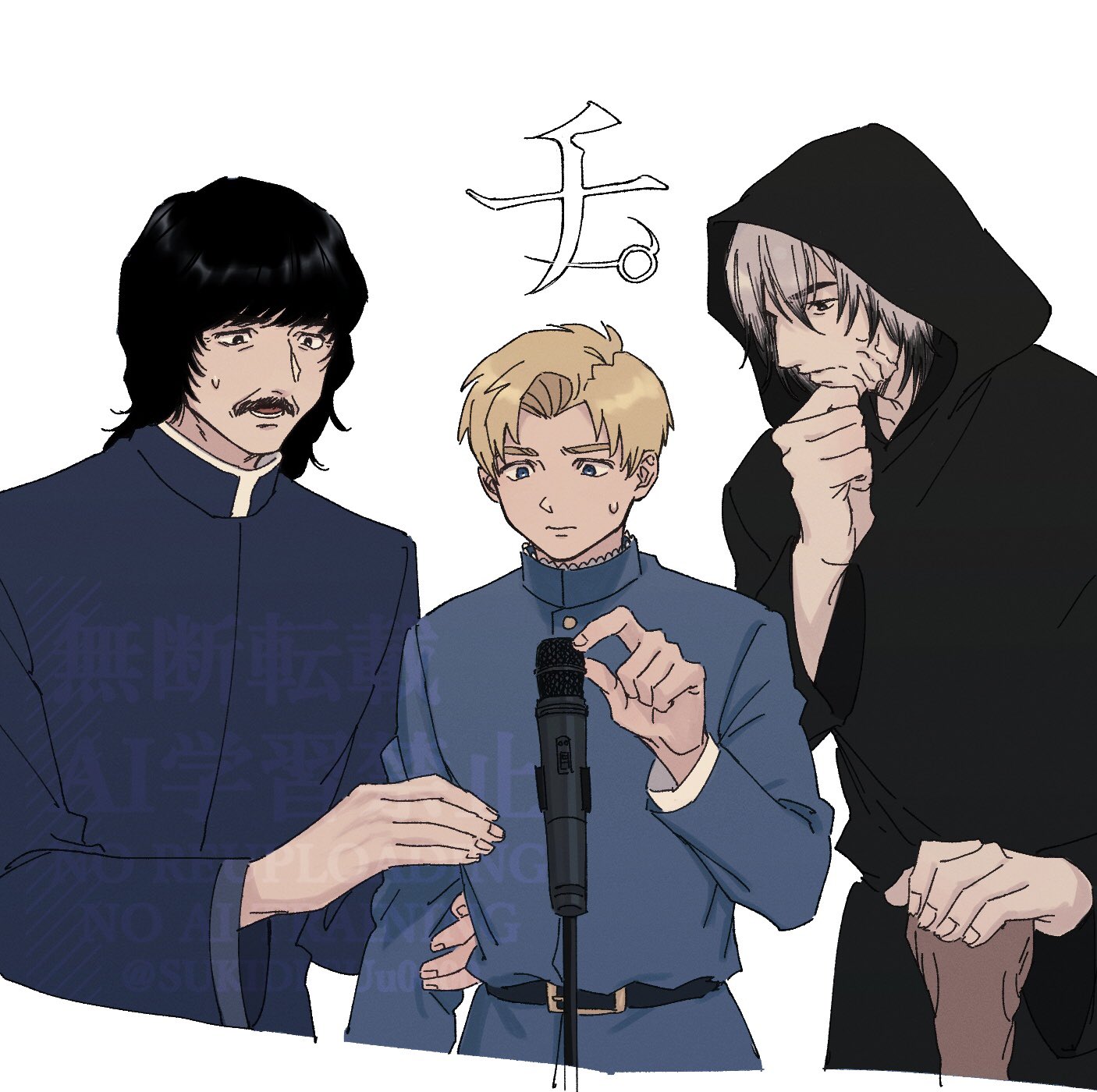 rafal (chi.), chi.: chikyuu no undou ni tsuite, highres, 3boys, belt, black belt, black hair, black robe, blonde hair, blue eyes, blue jacket, cane, copyright name, facial hair, facial scar, furrowed brow, grey hair, hair between eyes, hand on own chin, holding, holding another's arm, holding cane, hood, hood up, hooded robe, hubert (chi.), jacket, male focus, medium hair, microphone, multiple boys, mustache, open mouth, parted bangs, potocki, robe, scar, scar on cheek, scar on face, short hair, sukidesuu, sweatdrop, upper body, white background