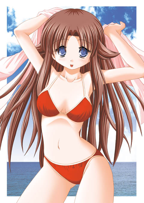 keito (keito-ya), miyashiro karin, suigetsu, archived source, commentary request, 1girl, bikini, blue eyes, blush, border, breasts, brown hair, cloud, collarbone, contrapposto, cowboy shot, curtained hair, dated commentary, dot nose, facing viewer, hair intakes, hair tuft, holding, holding jacket, holding unworn clothes, holding unworn jacket, jacket, legs apart, long hair, long sidelocks, looking at viewer, medium breasts, navel, ocean, official alternate costume, outdoors, photo background, pink jacket, red bikini, sidelocks, solo, standing, swimsuit, tongue, tongue out, unworn jacket, very long hair, white border