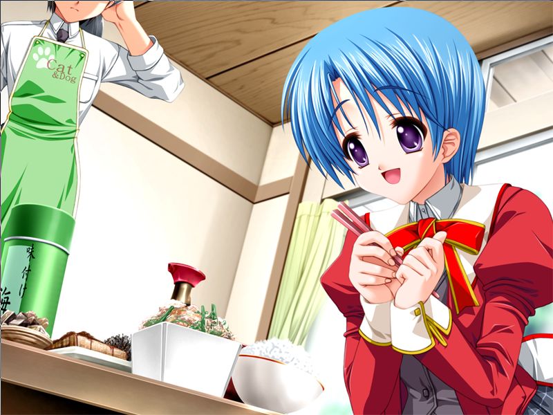 senomoto hisashi, saotome haruka, hidamari, game cg, jpeg artifacts, non-web source, 1girl, apron, blue hair, chopsticks, dutch angle, food, purple eyes, rice, school uniform, serafuku, short hair, solo focus