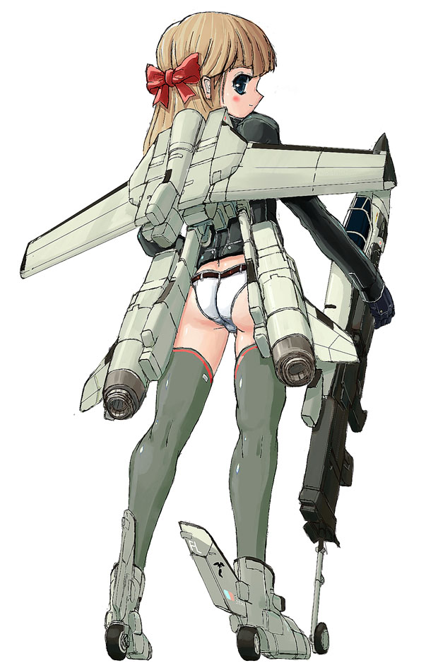 soukaa (artist), soukaa (golden sash), panavia tornado (aoi umi no tristia), jet, 1girl, aircraft, airplane, ass, blue eyes, brown hair, female focus, green thighhighs, gun, long hair, mecha musume, military, panties, ribbon, solo, thighhighs, underwear, weapon, white background