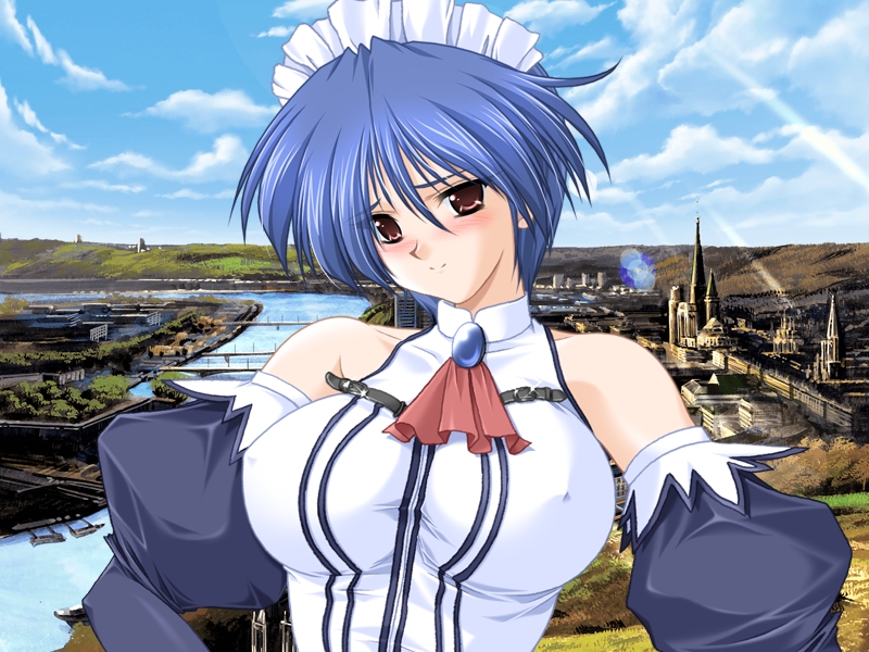 non-web source, source request, 1girl, blue hair, blush, breasts, brown eyes, covered erect nipples, detached sleeves, female focus, huge breasts, landscape, maid, red eyes, scenery, short hair, solo