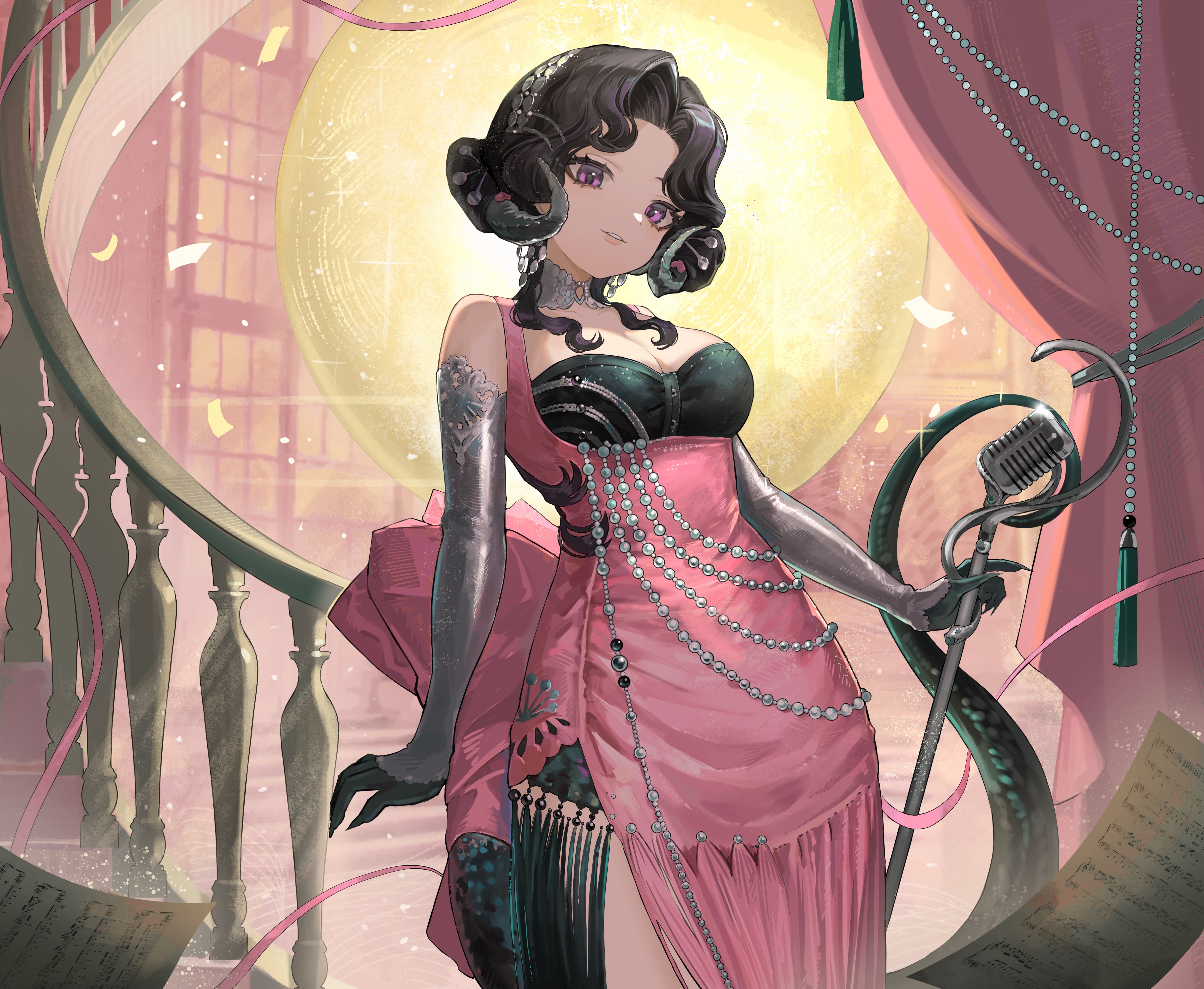jiaolu chongzu, anjo nala, reverse:1999, absurdres, highres, 1girl, bare shoulders, black hair, breasts, choker, cleavage, cowboy shot, curled horns, curtains, dress, elbow gloves, gloves, green tail, grey choker, grey gloves, grey horns, holding, holding microphone stand, horns, large breasts, lizard tail, looking at viewer, low horns, microphone, microphone stand, parted lips, pink background, pink dress, purple eyes, railing, sheet music, sleeveless, sleeveless dress, solo, stairs, tail, vintage microphone, window