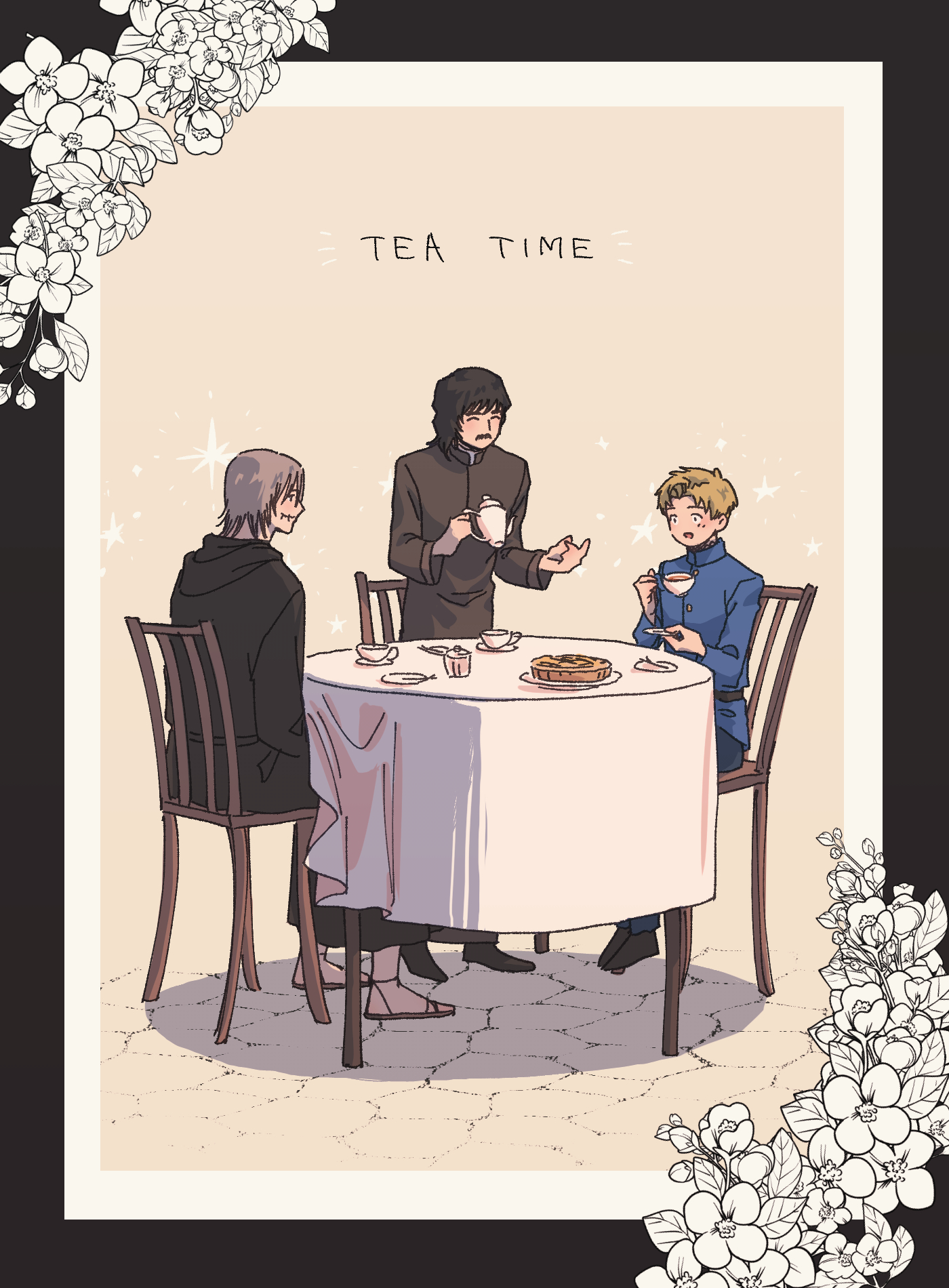 rafal (chi.), chi.: chikyuu no undou ni tsuite, highres, 3boys, black border, black hair, black jacket, black robe, black shoes, blonde hair, blue jacket, blush, border, chair, closed eyes, cobblestone, cup, facial hair, facial scar, floral border, food, full body, grey hair, hair between eyes, holding, holding cup, holding teapot, hood, hood down, hooded robe, hubert (chi.), jacket, looking at another, male focus, medium hair, multiple boys, mustache, open mouth, parted bangs, potocki, robe, sandals, scar, scar on cheek, scar on face, shoes, short hair, sitting, smile, sparkle, sukidesuu, table, tart (food), tea party, teacup, teapot, white border
