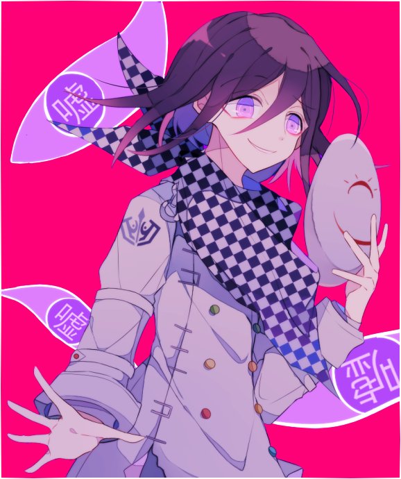sakura (fein5862817), oma kokichi, danganronpa (series), danganronpa v3: killing harmony, commentary request, 1boy, arm belt, belt, black scarf, buttons, checkered clothes, checkered scarf, cowboy shot, crest, denim, disembodied eye, dot nose, double-breasted, grey pants, hair between eyes, holding, holding mask, jacket, jeans, layered sleeves, long sleeves, looking ahead, male focus, mask, multicolored buttons, multiple belts, pants, parted lips, pink background, purple eyes, purple hair, scarf, short hair, sleeve cuffs, smirk, smug, solo, torn clothes, torn jeans, torn pants, two-tone scarf, unmoving pattern, white belt, white jacket, white mask, white scarf, wrist belt
