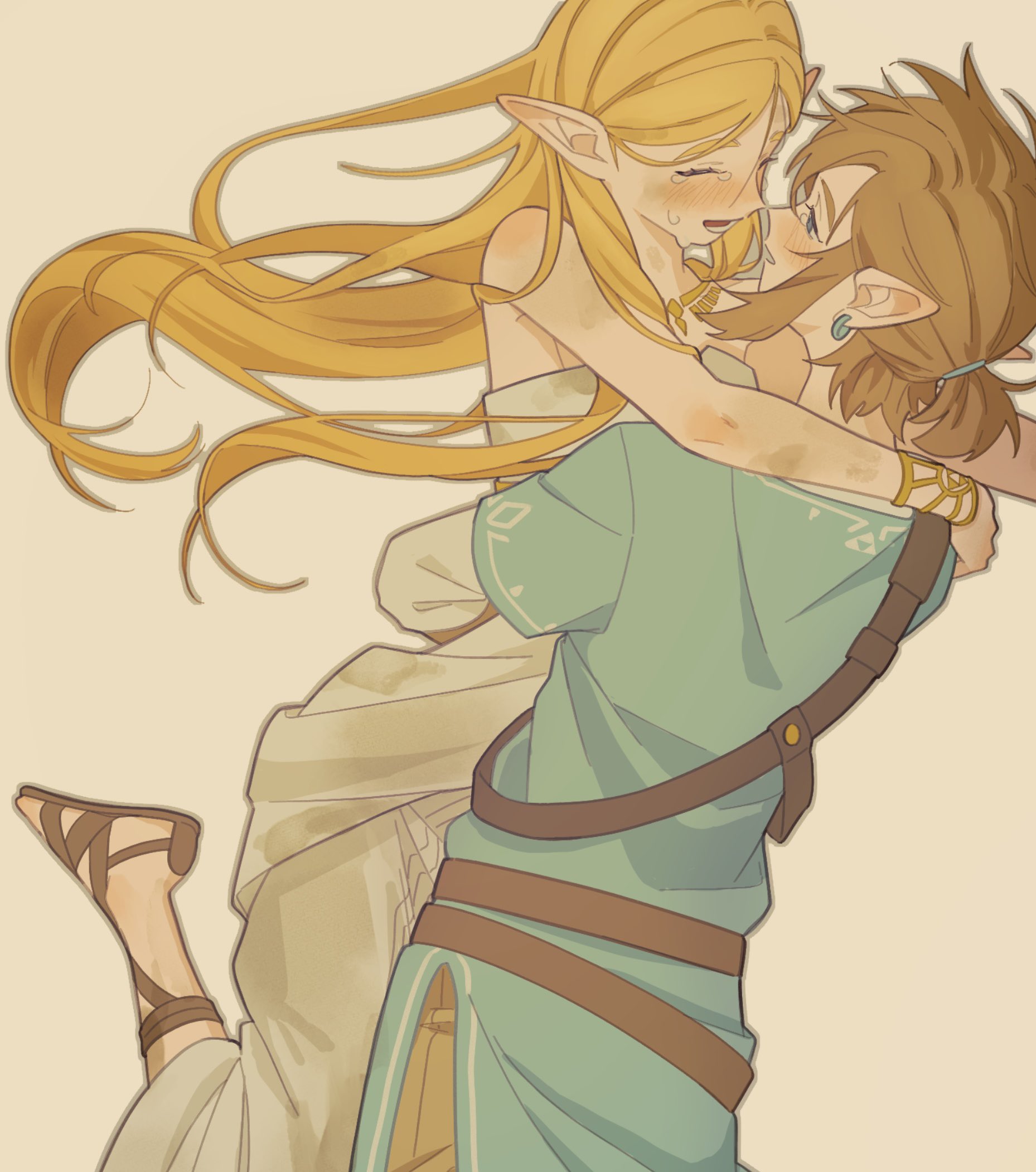 link, princess zelda, nintendo, the legend of zelda, the legend of zelda: breath of the wild, hashtag-only commentary, highres, 1boy, 1girl, 2yang, bare shoulders, belt, blonde hair, blue eyes, blue tunic, blush, bracelet, brown belt, brown sandals, champion's tunic (zelda), dirty, dress, earrings, facing another, gladiator sandals, hair tie, hetero, hug, jewelry, layered sleeves, long hair, long sleeves, looking at another, open mouth, pointy ears, ponytail, sandals, short hair, short over long sleeves, short ponytail, short sleeves, sidelocks, simple background, smile, strapless, strapless dress, tearing up, tunic, white dress, yellow background
