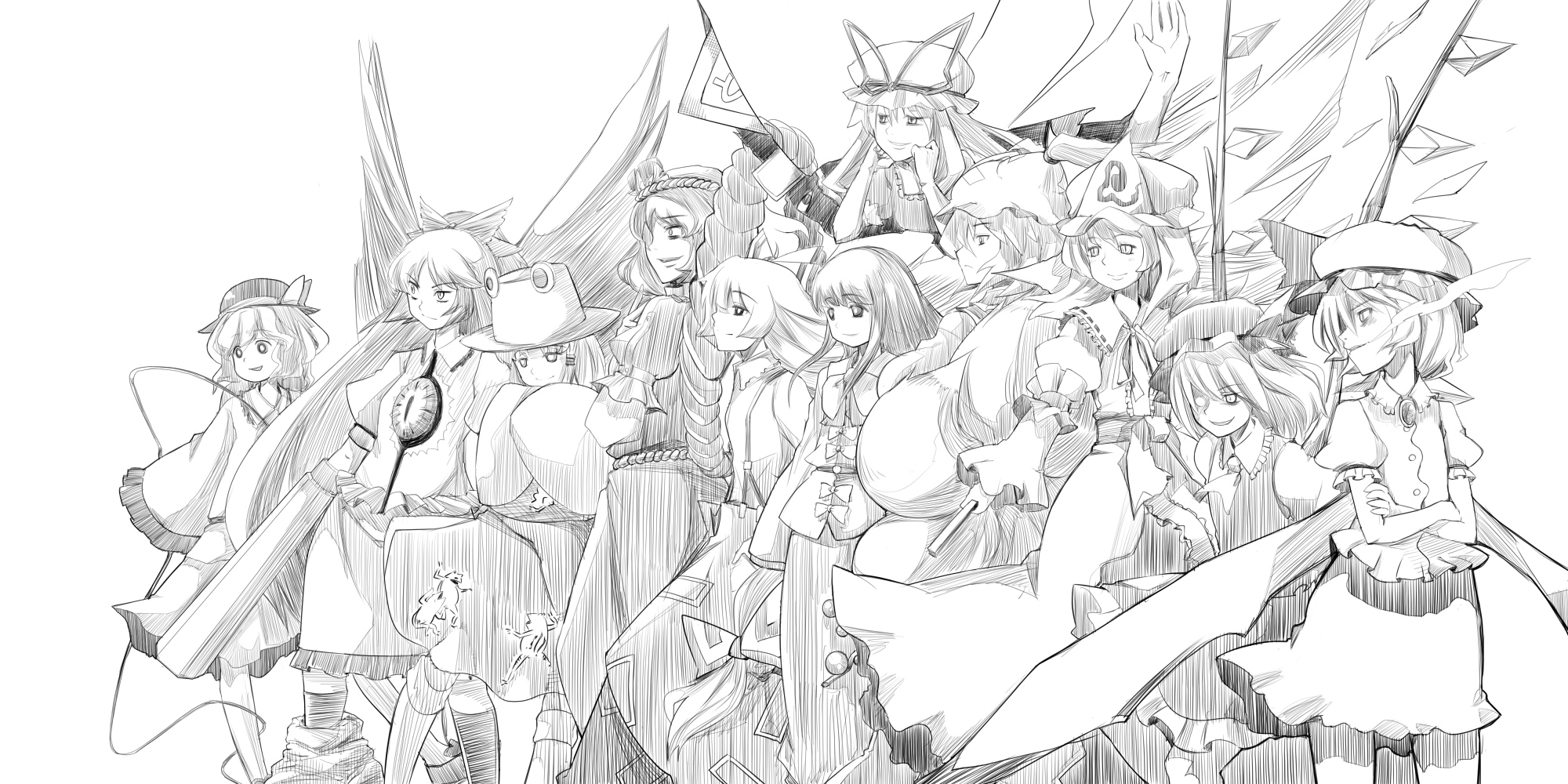 numako, flandre scarlet, fujiwara no mokou, houraisan kaguya, komeiji koishi, moriya suwako, reiuji utsuho, remilia scarlet, saigyouji yuyuko, yakumo ran, yakumo yukari, yasaka kanako, touhou, bad id, bad pixiv id, highres, 6+girls, animal hat, apron, arm cannon, bat wings, brooch, crossed arms, everyone, female focus, full body, gem, greyscale, hat, jewelry, lineart, long sleeves, mob cap, monochrome, multiple girls, puffy short sleeves, puffy sleeves, short hair, short sleeves, simple background, skirt, standing, tassel, third eye, waist apron, weapon, white background, wide sleeves, wind, wings, witch hat