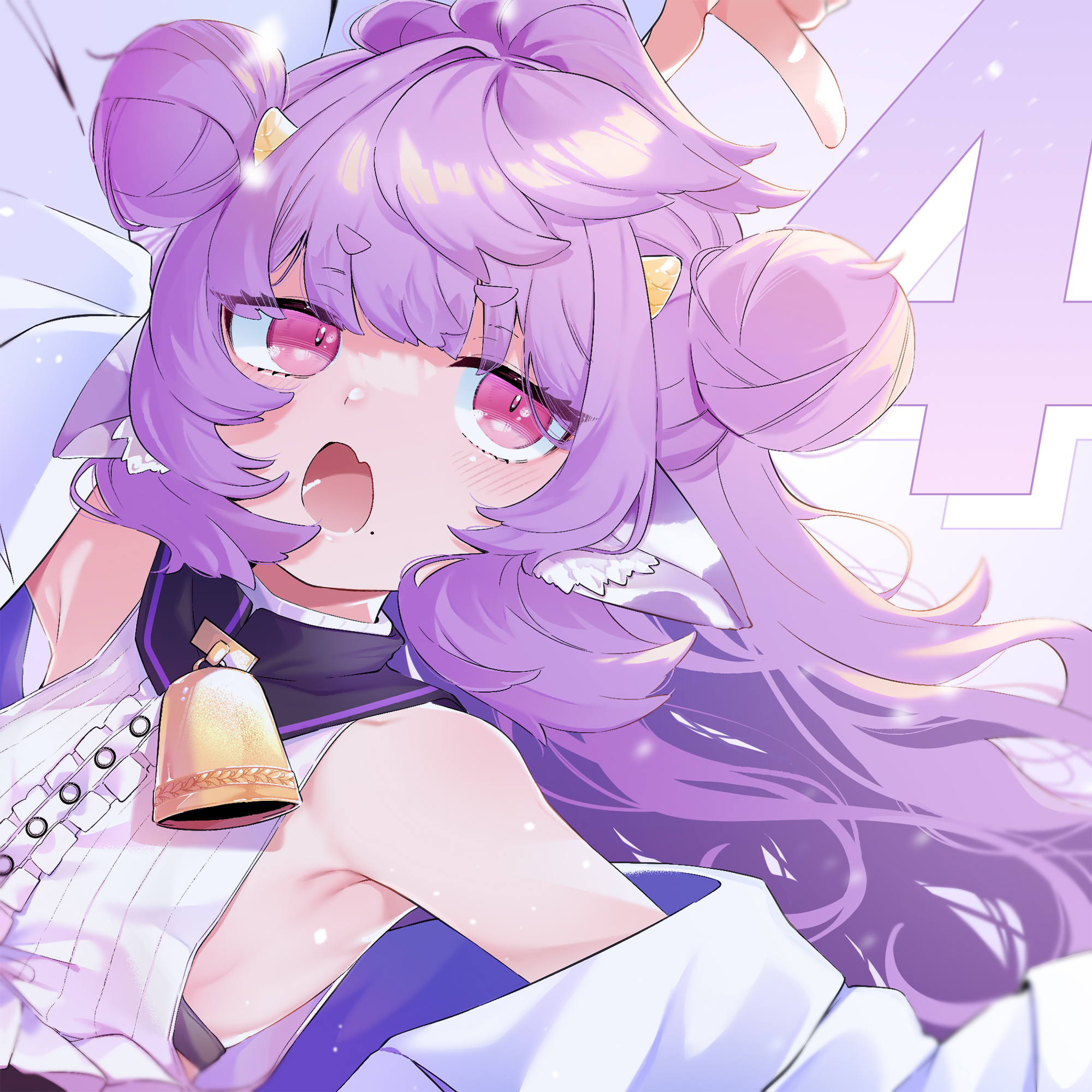 utsusumi kio, muu muyu, phase connect, commentary, english commentary, highres, official art, second-party source, 1girl, bell, center frills, countdown illustration, double bun, fang, frills, hair bun, jacket, neck bell, open mouth, pink eyes, purple hair, shirt, side up bun, solo, tongue, v-shaped eyebrows, virtual youtuber, white jacket, white shirt