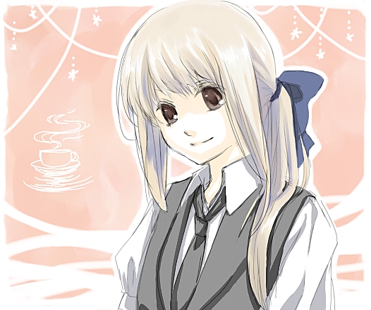 kurasawa moko, bad id, bad pixiv id, blonde hair, bow, grey eyes, long hair, necktie, ponytail, ribbon, school uniform, serafuku, smile, solo